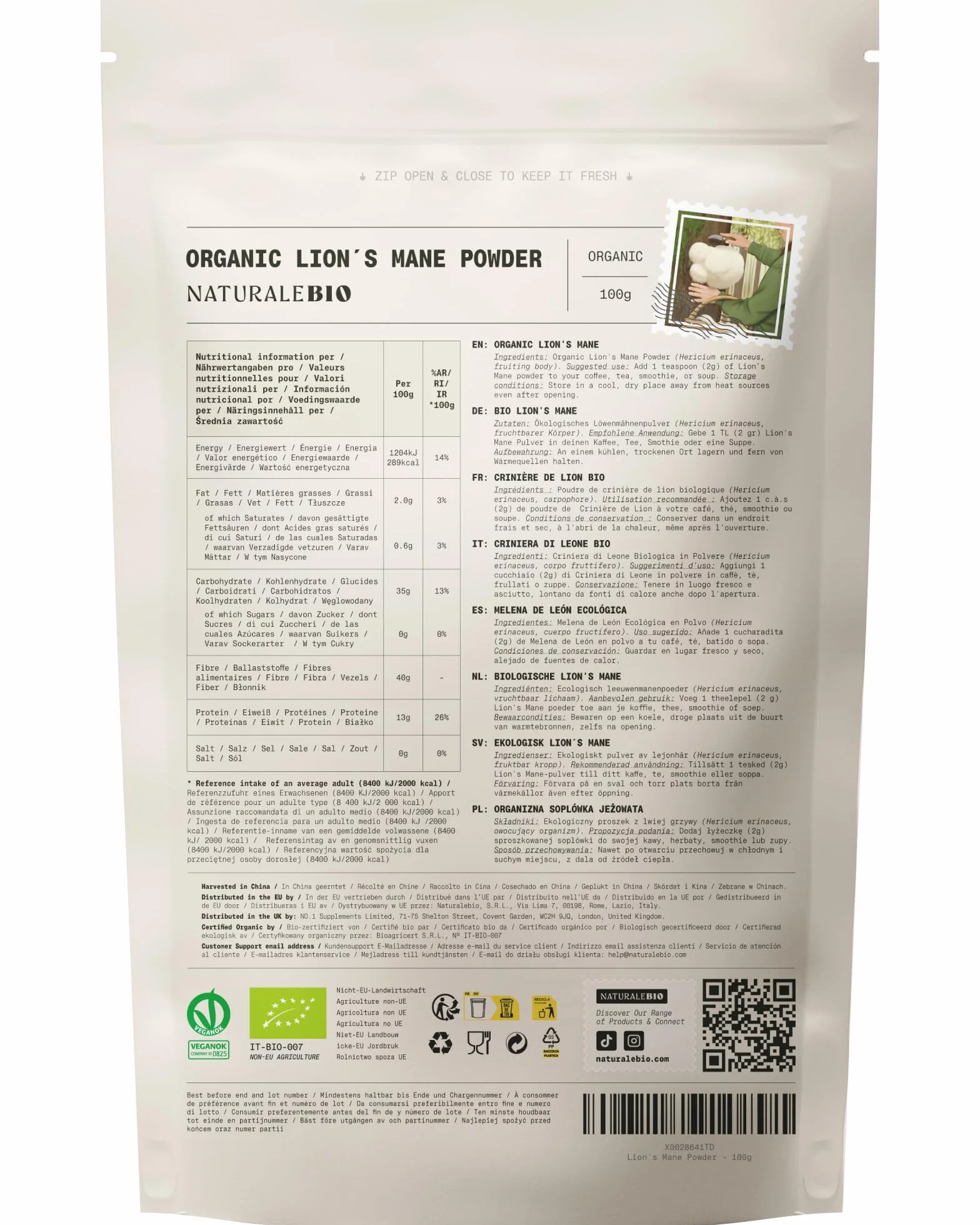 NaturaleBio Criniera di Leone in Polvere 200g | Biologica, Vegana, Senza Glutine, Non OGM | Supporta Funzioni Cognitive, Intestino e Sistema Immunitario | Facile da Assumere