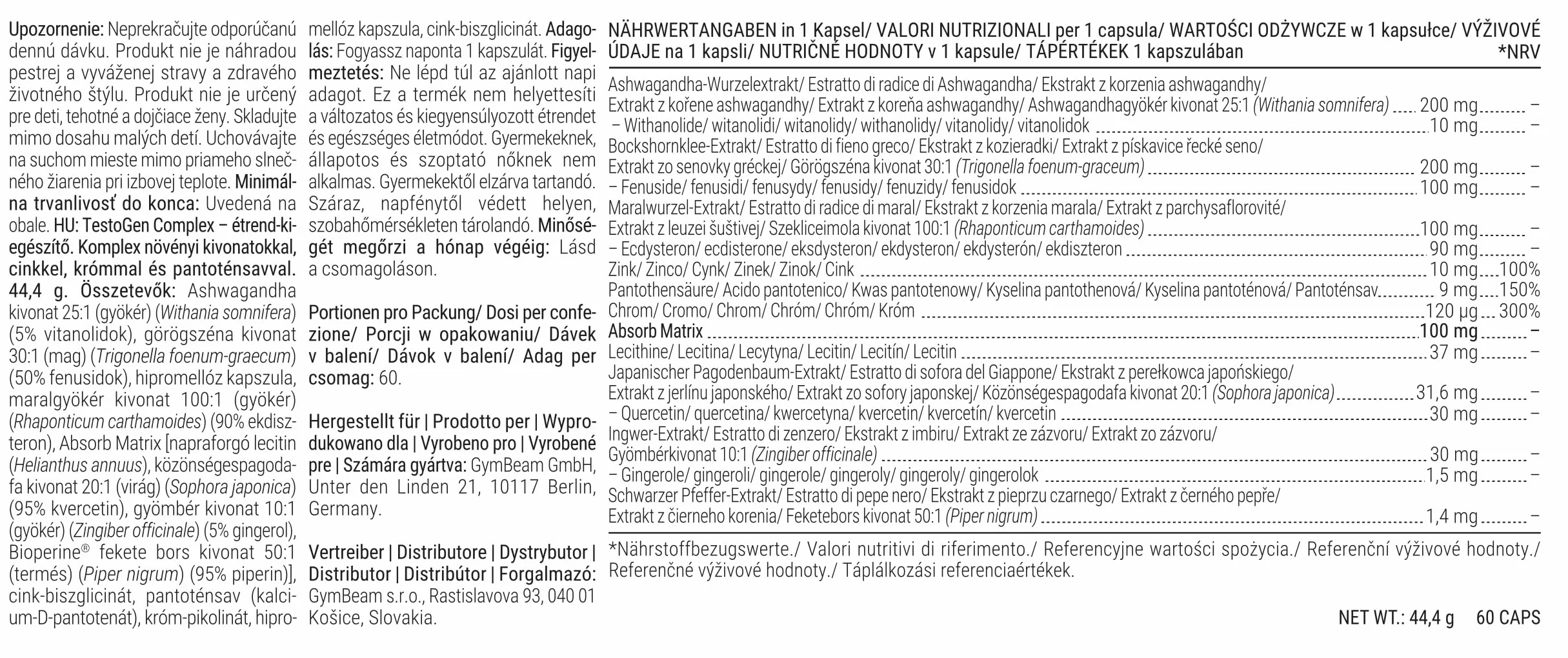 GymBeam Testogen Complex - Testobooster con Zinco, Ashwagandha e 10 Ingredienti Attivi - Supporto Testosterone, Energia e Vitalità - Riduce Stanchezza - Capsule Vegane