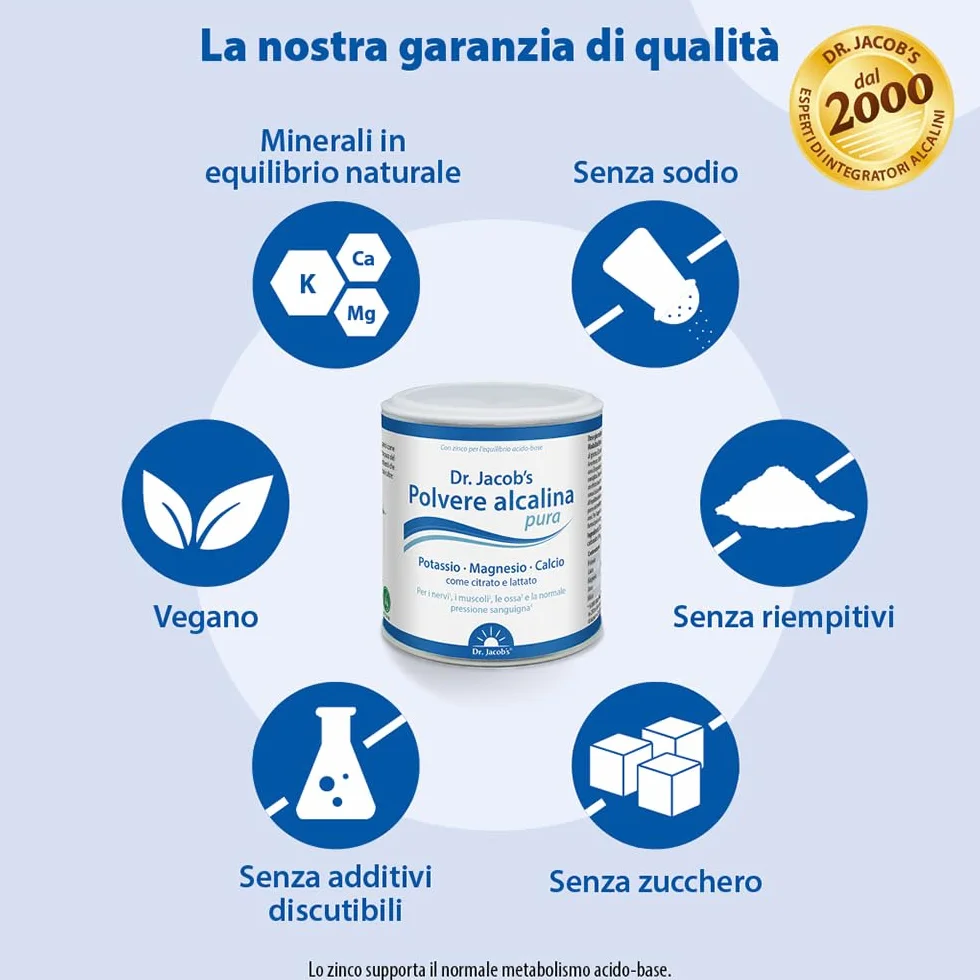 Polvere Alcalina Pura del Dr. Jacob, Barattolo da 200 g I Potassio, Magnesio, Calcio, Zinco come Citrato e Lattato I Equilibrio Minerale e Alcalino Mirato* I 36 Porzioni