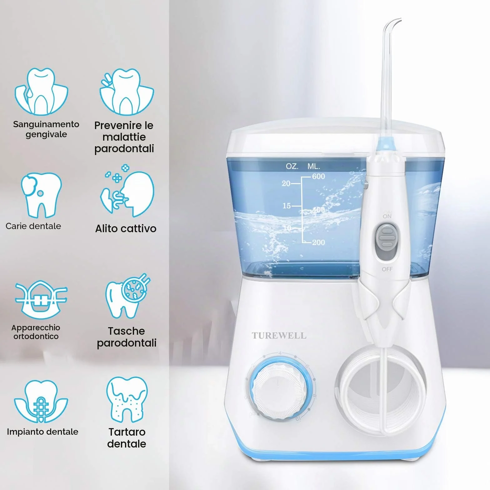 Idropulsore Dentale, TUREWELL Irrigatore Orale Getto Acqua Denti da Capacità 600ml con 10 Impostazioni, Pulizia Doccetta Idropulitore Dentale con 8 Becchucci per Cura Famiglia Dentale