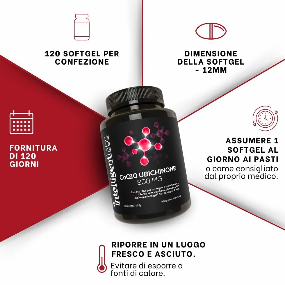 Coq10 Ubichinone in Softgel Da 200 Mg Di Intelligent Labs | 120 Porzioni | Softgel Facili Da Ingerire E Ad Elevata Potenza