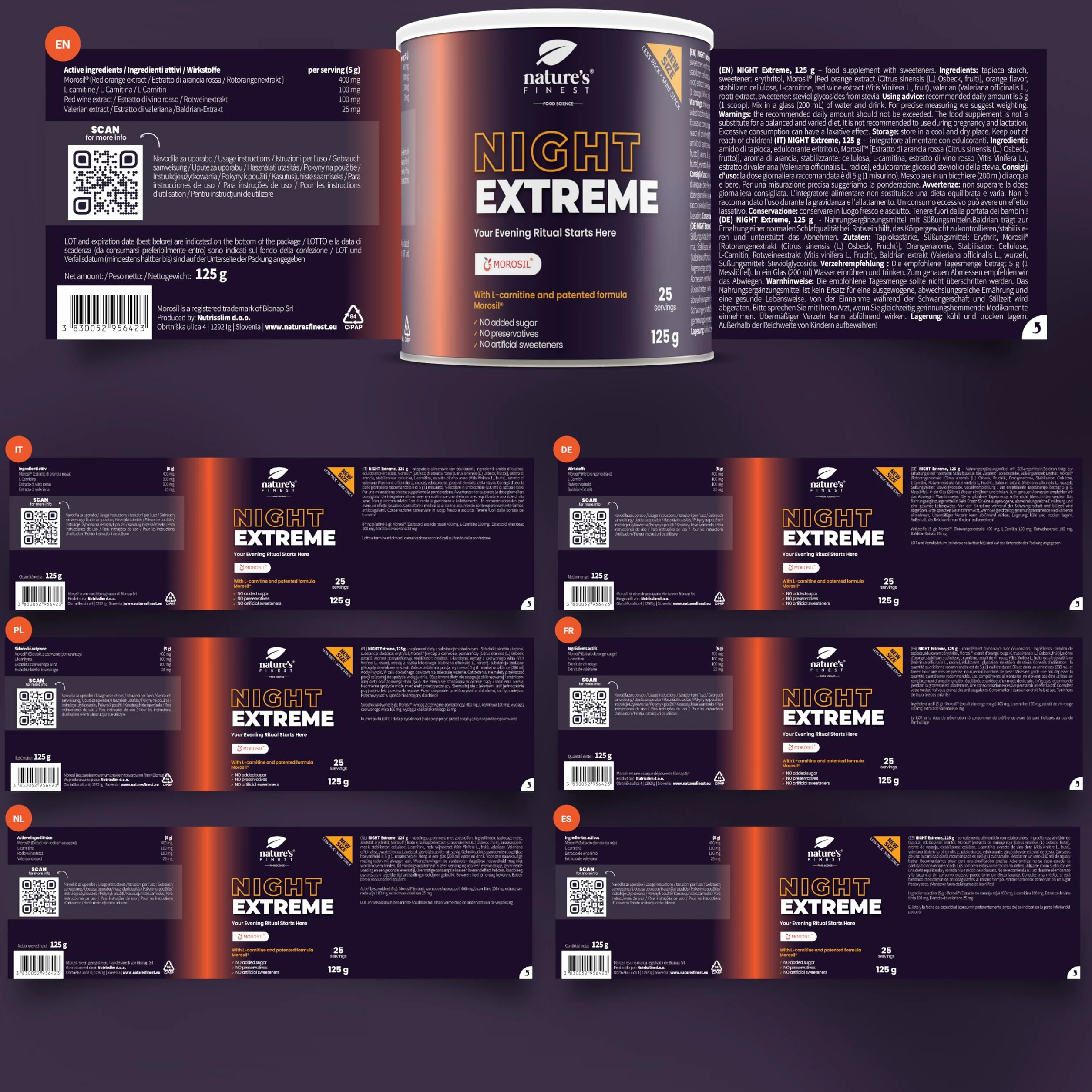 Nature's Finest Night Burn Extreme Bevanda Serale in Polvere 125g Arancia Rossa Morosil Valeriana Vite Rosso Vegana Senza Glutine