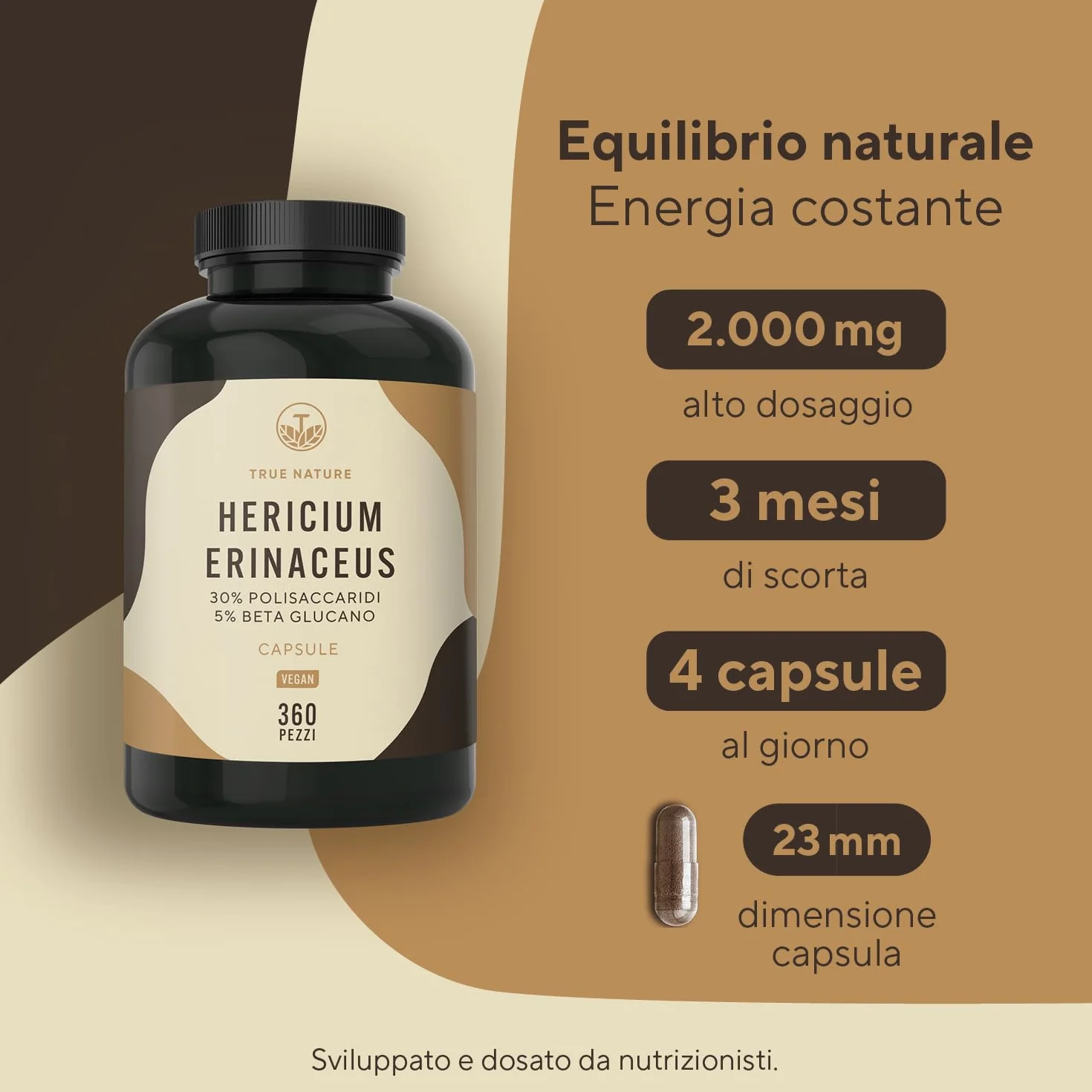 Lions Mane - 360 Capsule - 60000mg (Estratto 30:1) Alto dosaggio - Hericium Erinaceus 30% Polisaccaridi e 5% Beta Glucano - criniera di leone - Testato in Laboratorio - TRUE NATURE®