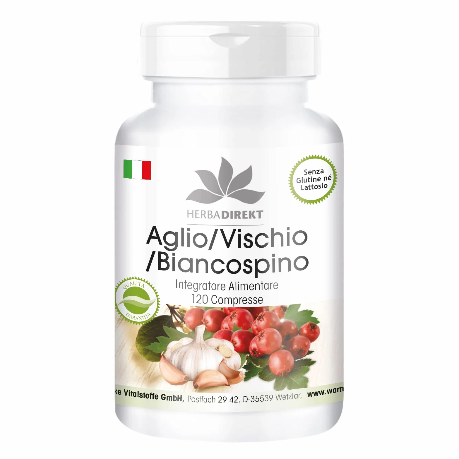 Biancospino vischio d'aglio - 120 compresse con vitamina C, altamente dosato, vegano | HERBADIREKT by Warnke Vitalstoffe - Qualità da farmacia tedesca