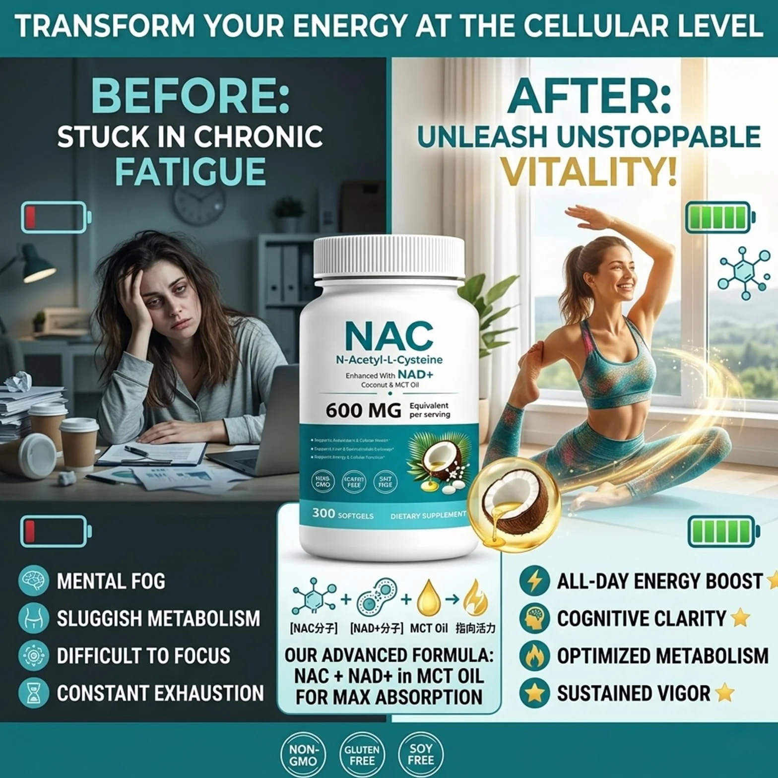 NAC N-Acetyl L-Cysteine 600 mg Softgels | Enhanced with Coconut & MCT Oil,Non-GMO, Gluten Free | 300 Softgels (100 Day Supply）