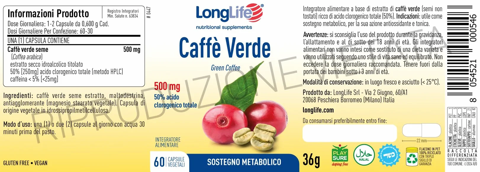 LongLife Caffè Verde Estratto 50% Acido Clorogenico Sostegno Metabolico Vegano Senza Glutine