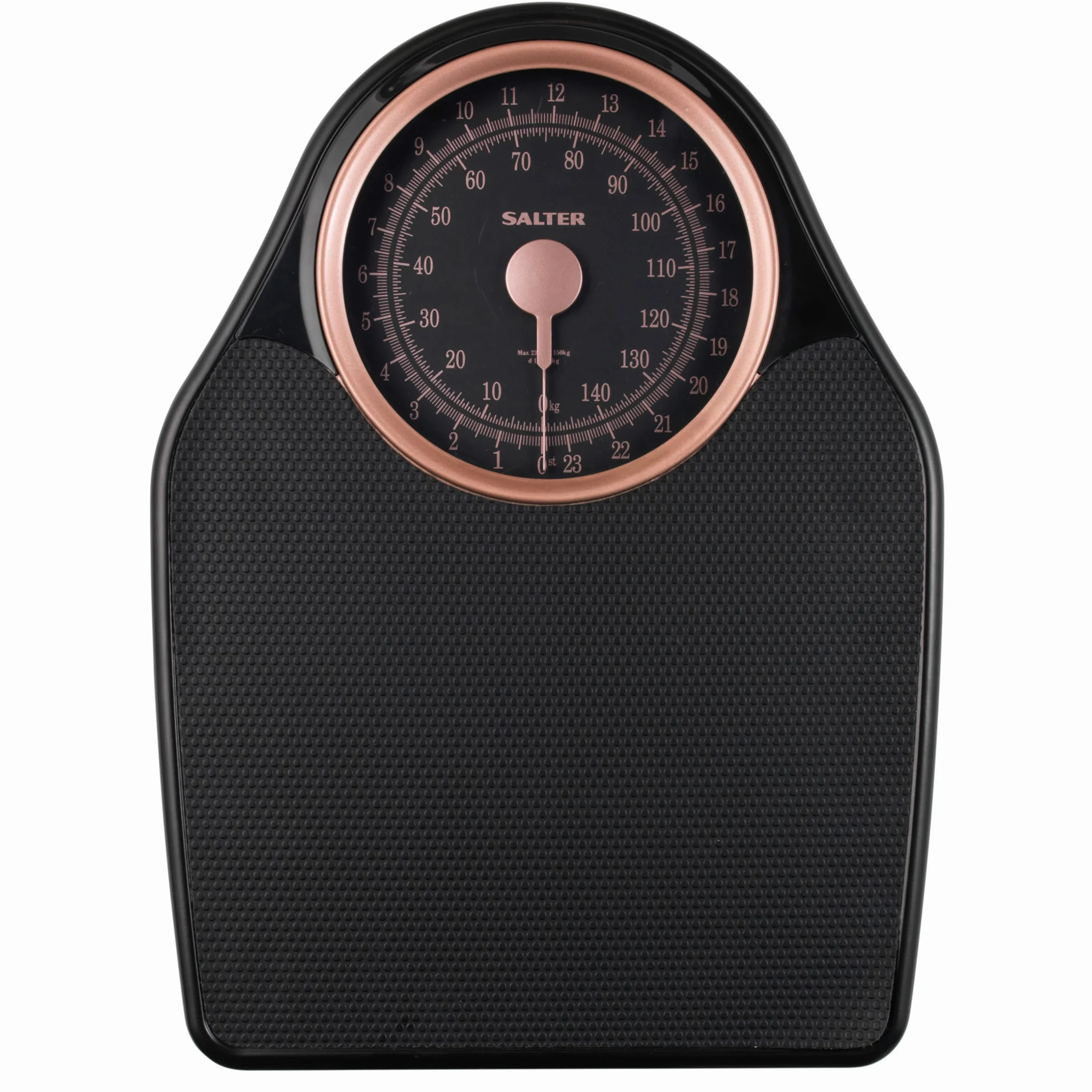 Salter 145 RGFEU16 Bilancia meccanica Doctor Style - capacità massima 150 Kg, quadrante di facile lettura con puntatore rotante, ampia piattaforma con tappetino in vinile, senza batteria, oro rosa