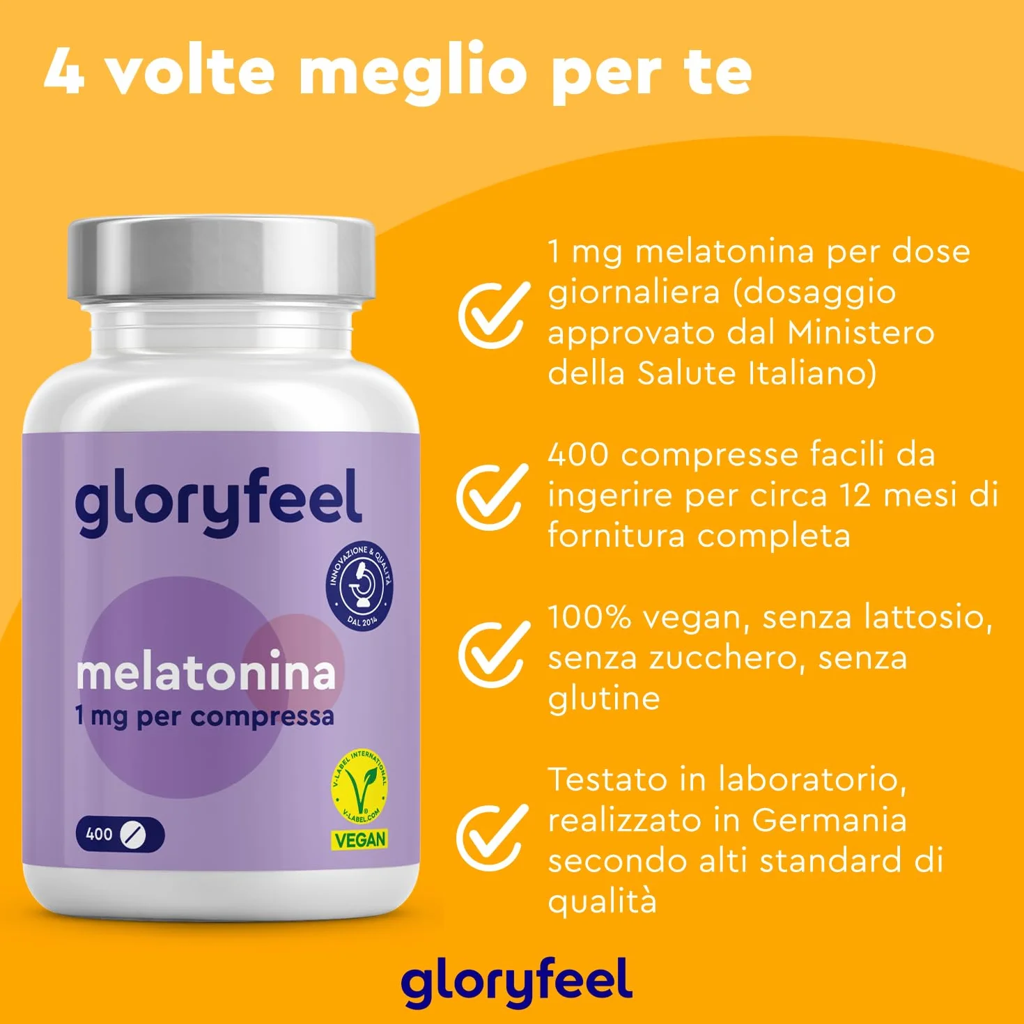 Melatonina 400 Compresse 1 mg per Dormire, Rilassamento, Vegan