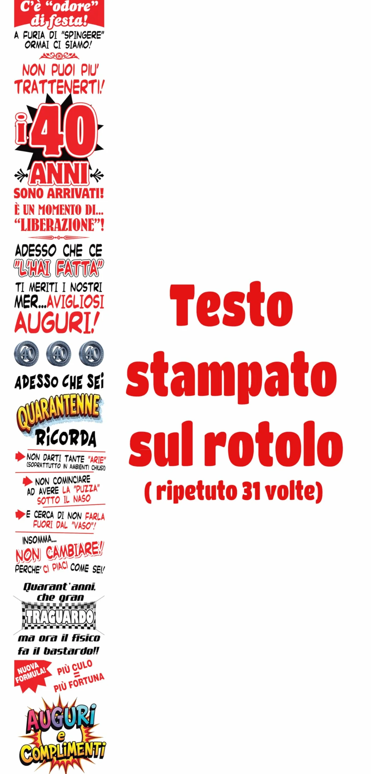 Carta Igienica Divertente 40 Anni – Rotolo Stampato a Colori con Fumetti e Attestato di Compleanno – Gag Regalo per Festa 40° Compleanno