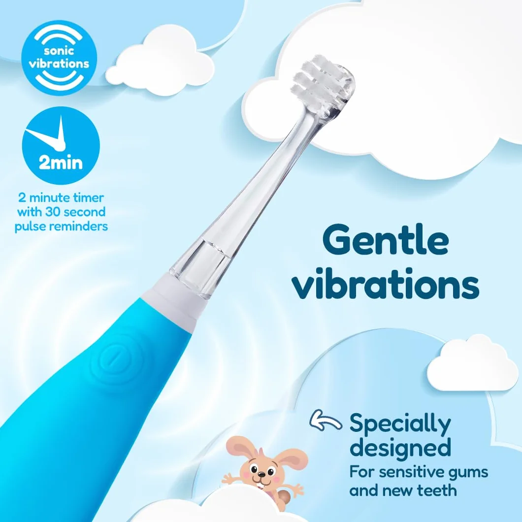 Brush-Baby - BabySonic - Spazzolino elettrico blu, 0-36 mesi, morbido e delicato, per gengive sensibili e denti nuovi, con luce LED e base di aspirazione, testine per neonati e bambini