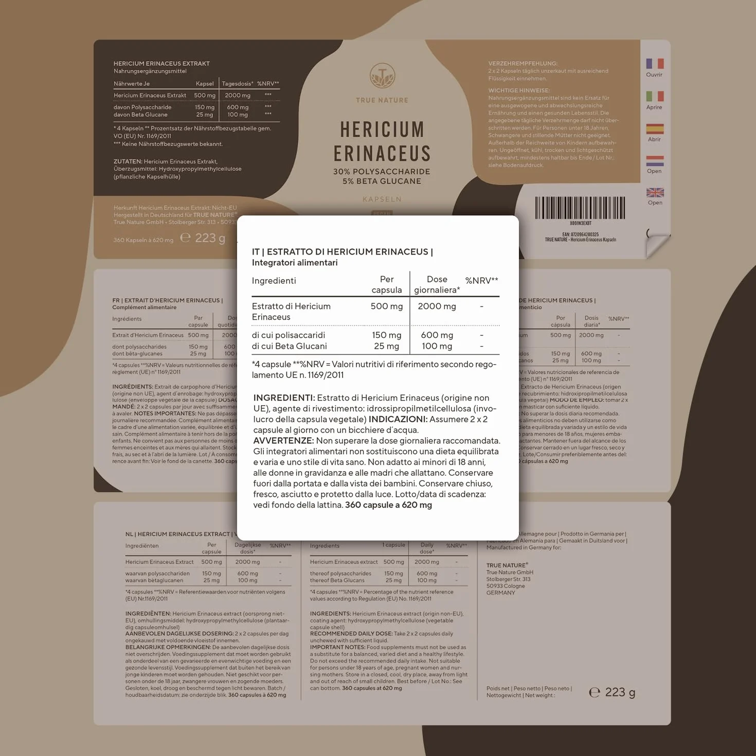 Lions Mane - 360 Capsule - 60000mg (Estratto 30:1) Alto dosaggio - Hericium Erinaceus 30% Polisaccaridi e 5% Beta Glucano - criniera di leone - Testato in Laboratorio - TRUE NATURE®