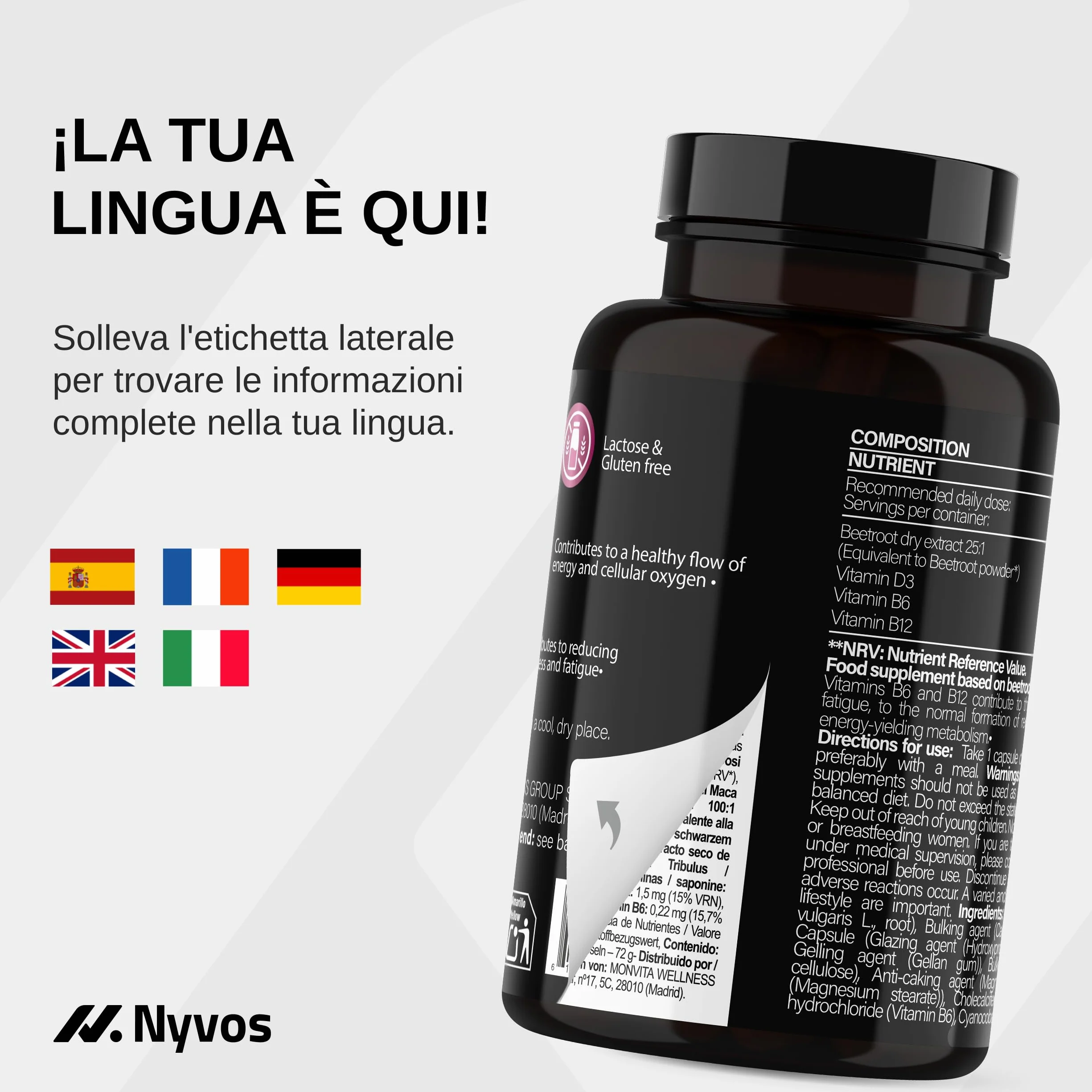 Barbabietola 25:1 180 Capsule Vegane Supporto Ossido Nitrico Nitrati Naturali Vitamine B6 B12 D Energia senza Caffeina