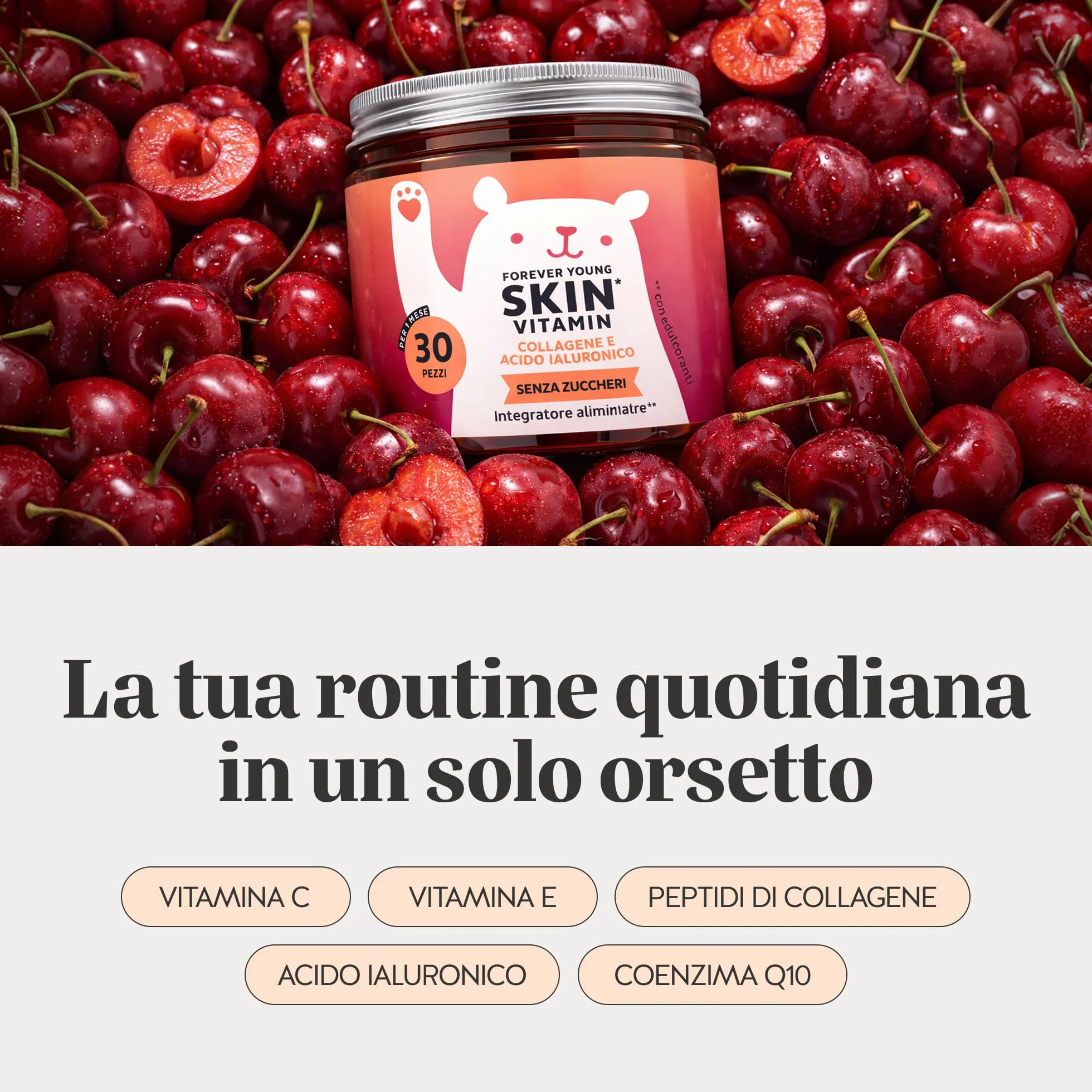 Bears with Benefits Forever Young Skin Collagene Vitaminico Acido Ialuronico Gommose Anti-Age 30 pezzi