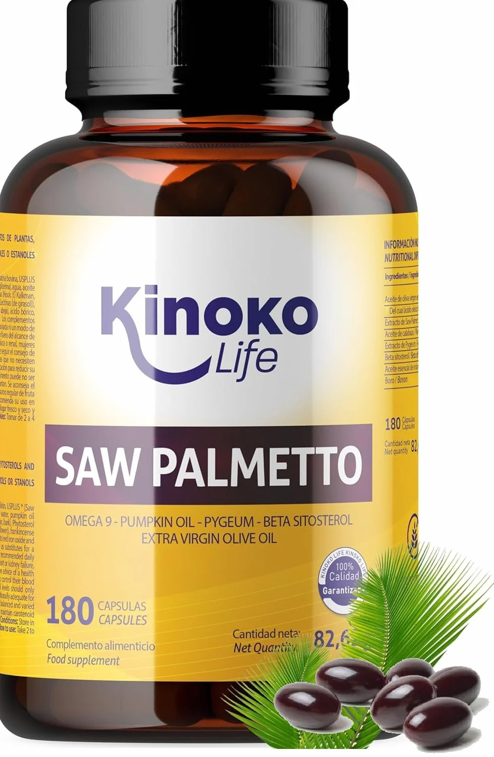 Kinoko Life Saw Palmetto 320 mg 180 capsule Estratto lipidosterolico puro 85-95% con Omega 9 Olio di Semi di Zucca Pygeum Africanum Serenoa Repens Capelli e Prostata