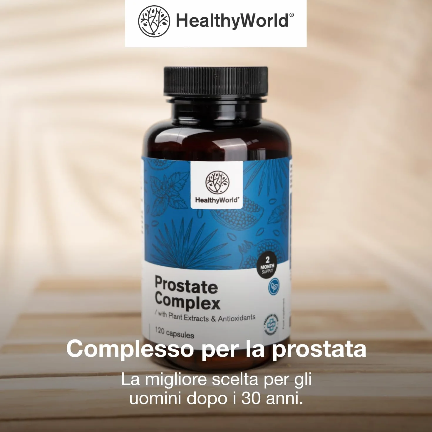 HealthyWorld Complesso Per la Prostata 120 Capsule Vegetali con Semi di Zucca, Melograno, Ortica, Saw Palmetto, Vitamina E, Zinco e Selenio