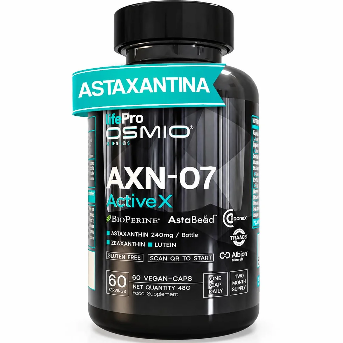 Life Pro Osmium Astaxanthin AXN-07-60 Integratore di Astaxantina con Luteina, Zeaxantina, Vitamine e Minerali Vegano