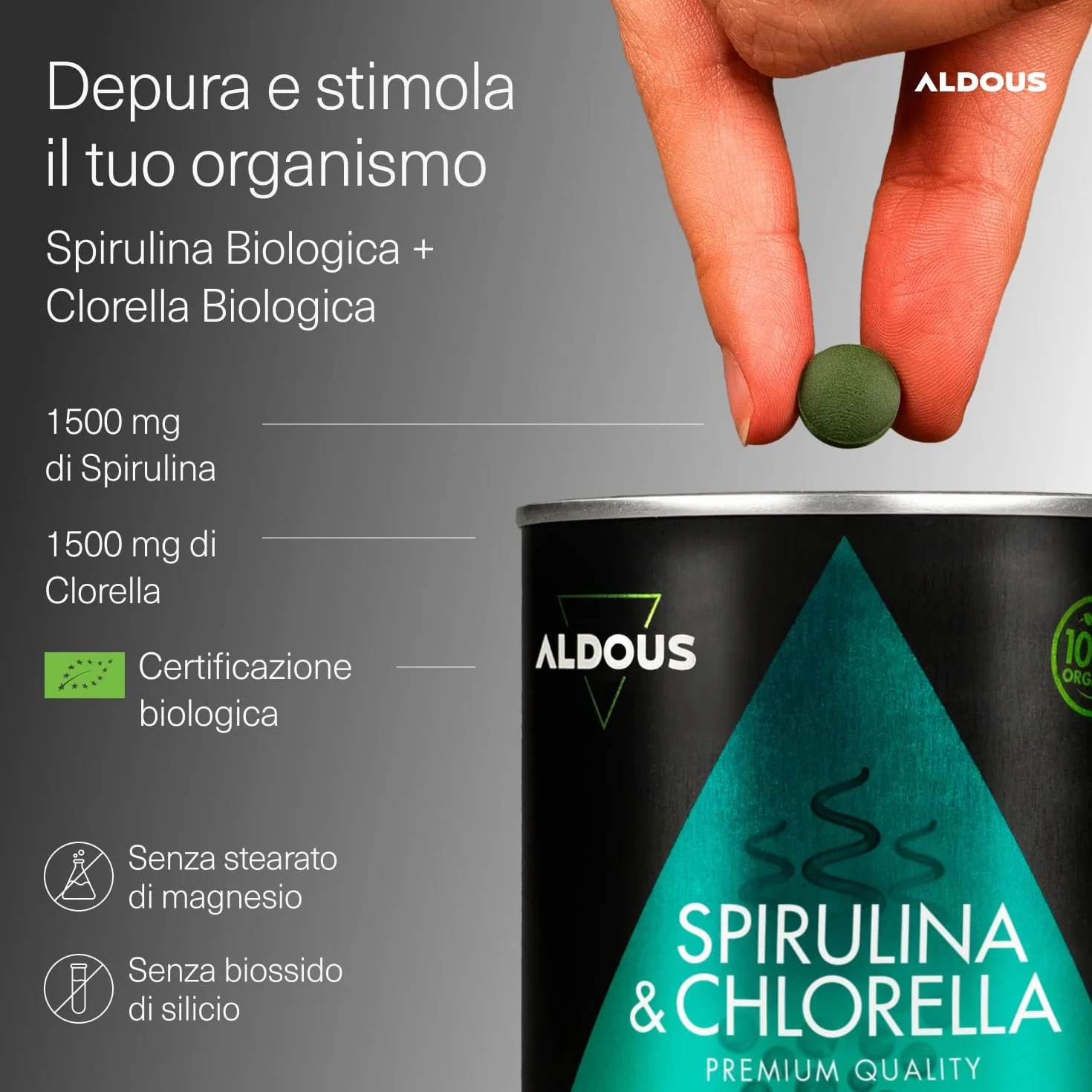ALDOUS Spirulina e Clorella Bio 1800mg 600 Compresse Detox Energia Immunità Vegan