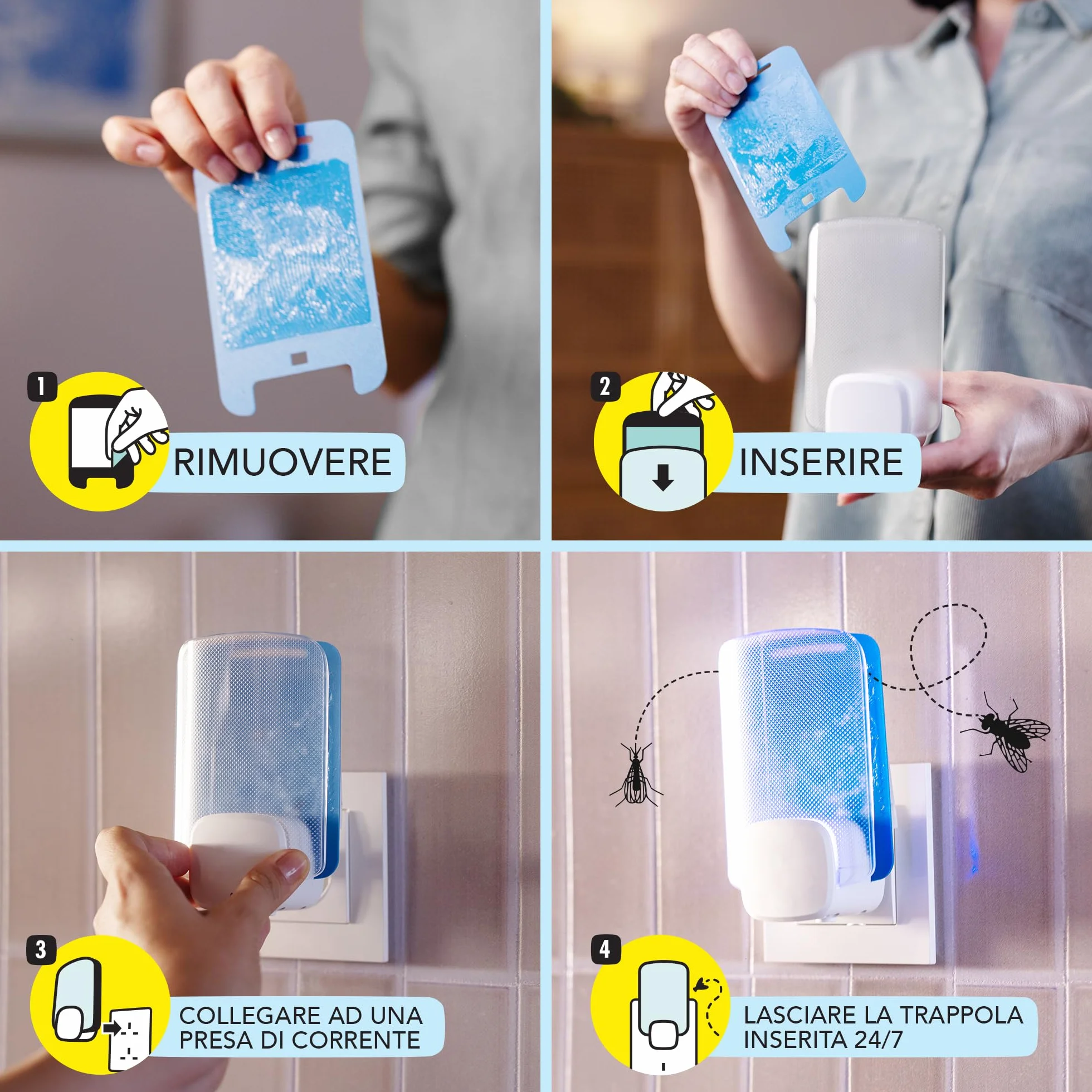 Raid Essentials Trappola Insetti Volanti Base Antimosche, Antimoscerini e Antitarme, Senza Insetticida, Protezione 24/7 dagli Insetti Volanti, per uso Interno, 1 Trappola e 1 Ricarica
