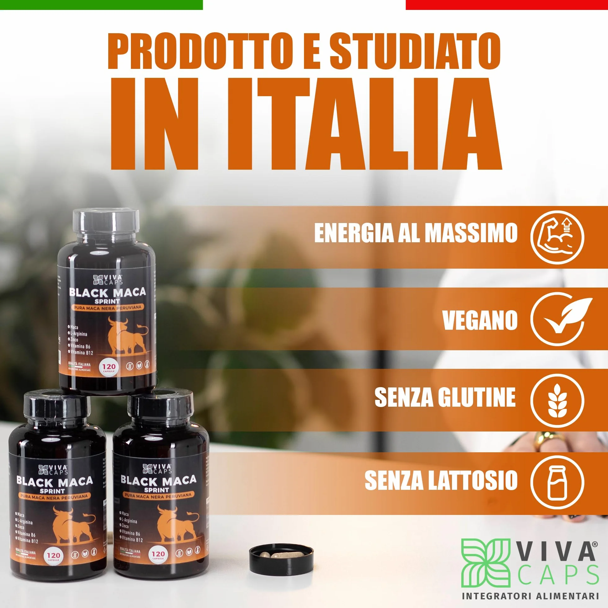 Maca peruviana 24000 mg al giorno estratto 20:1 120 Cps, Black maca con L-Arginina, Zinco, Vitamina B6 e B12 per energia e supporto per la massa muscolare - Made in italy