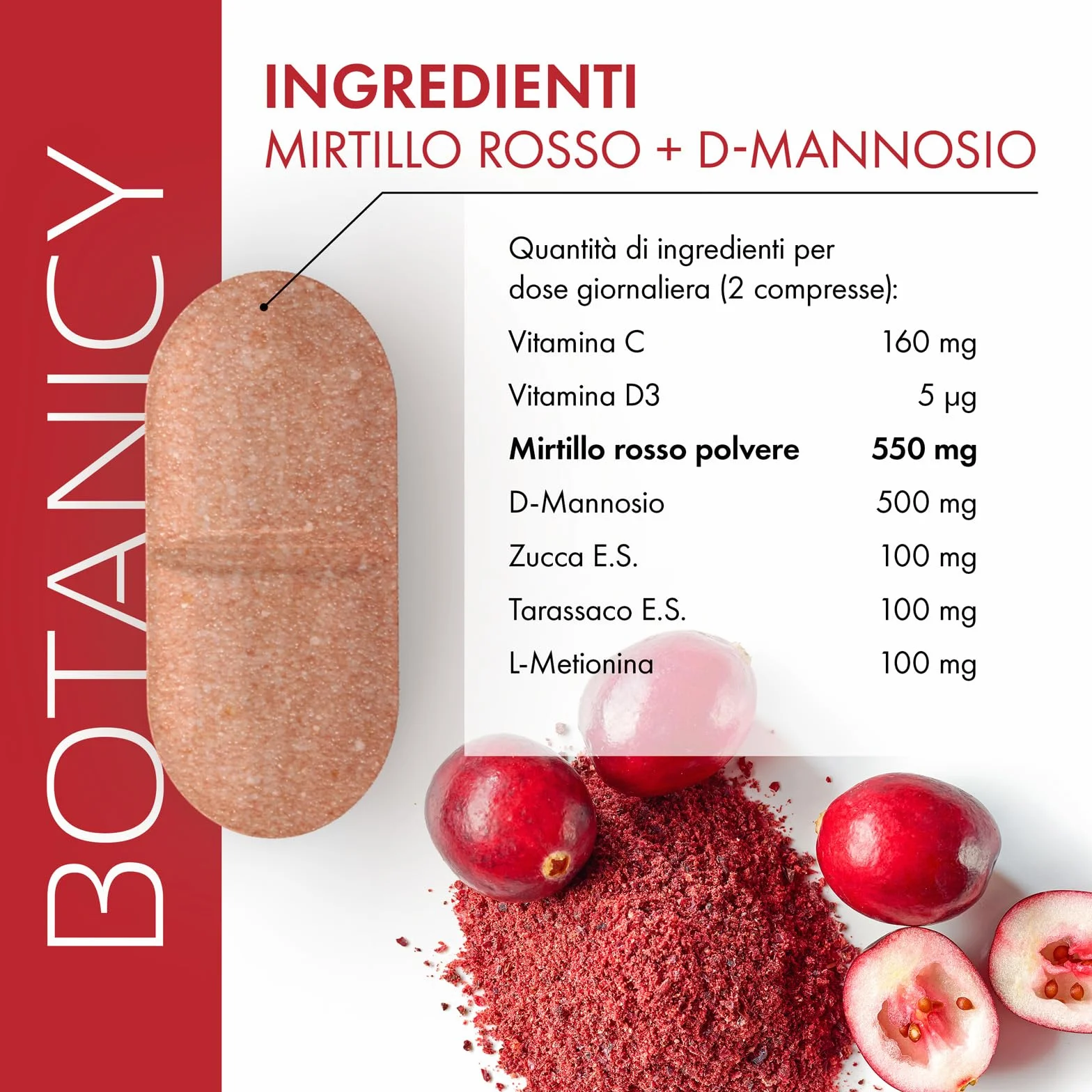 Botanicy MIRTILLO ROSSO + D-MANNOSIO - 60 compresse - supporta vescica & vie urinarie - pacran® polvere di mirtillo rosso, vitamina C e D3, estratto di semi di zucca & radice di tarassaco