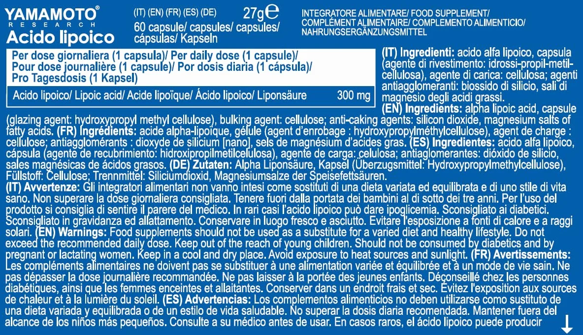 YAMAMOTO RESEARCH Acido Lipoico 60 Capsule Integratore Alimentare Antiossidante 200 mg