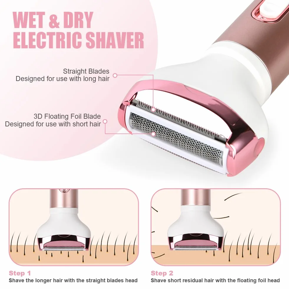 ACWOO Rasoio Elettrico Donna, 4 in 1 Epilatore Senza Fili, Ricaricabile Epilatore viso, Depilatore Donna Multifunzione a Secco e Bagnato per Una Rasatura Delicata e Accurata, Impermeabile