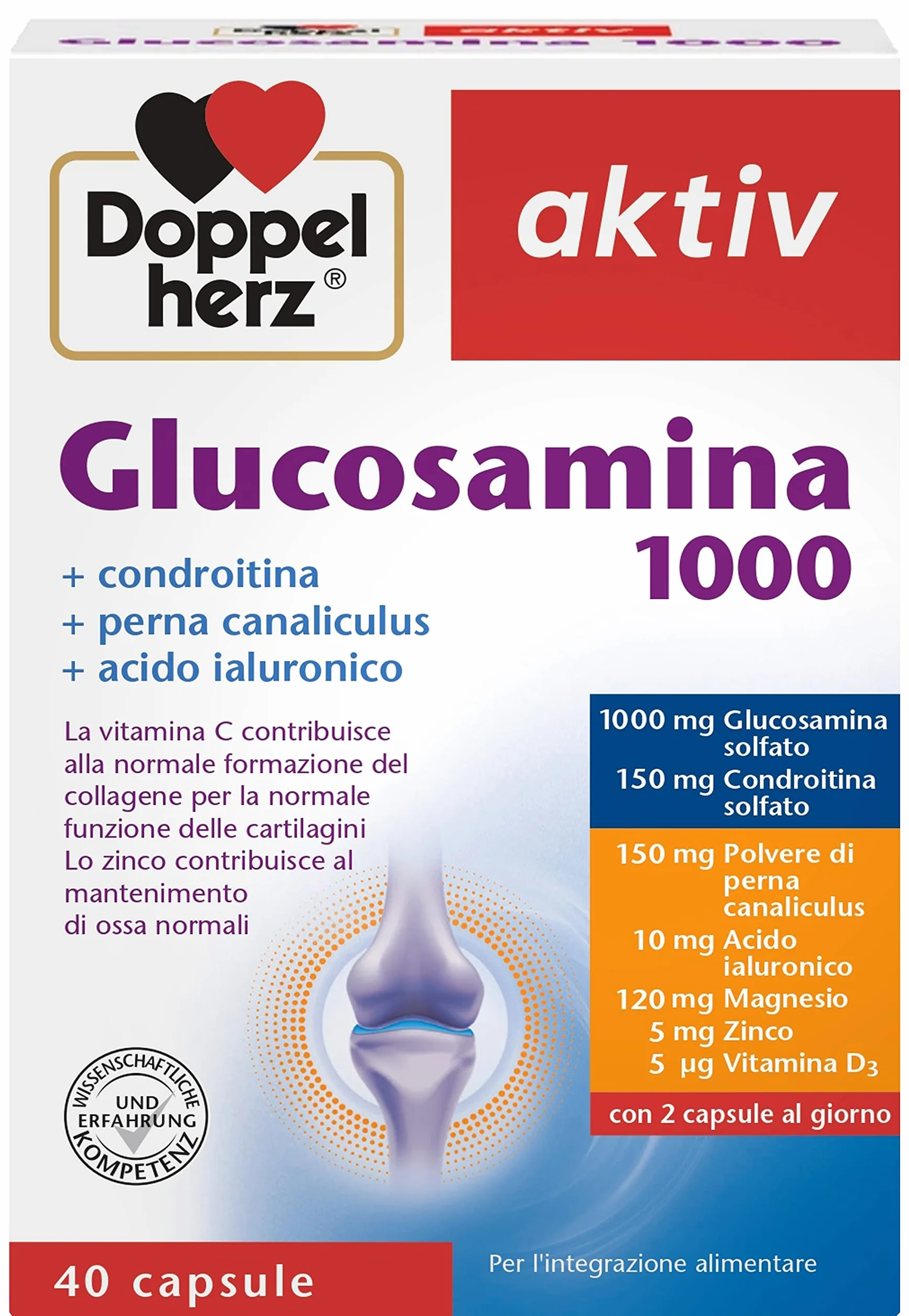 Glucosamina 1000 + Condroitina + Acido Ialuronico & Perna Canaliculus - 40 Capsule - Integratore Articolazioni e Cartilagini - Doppelherz