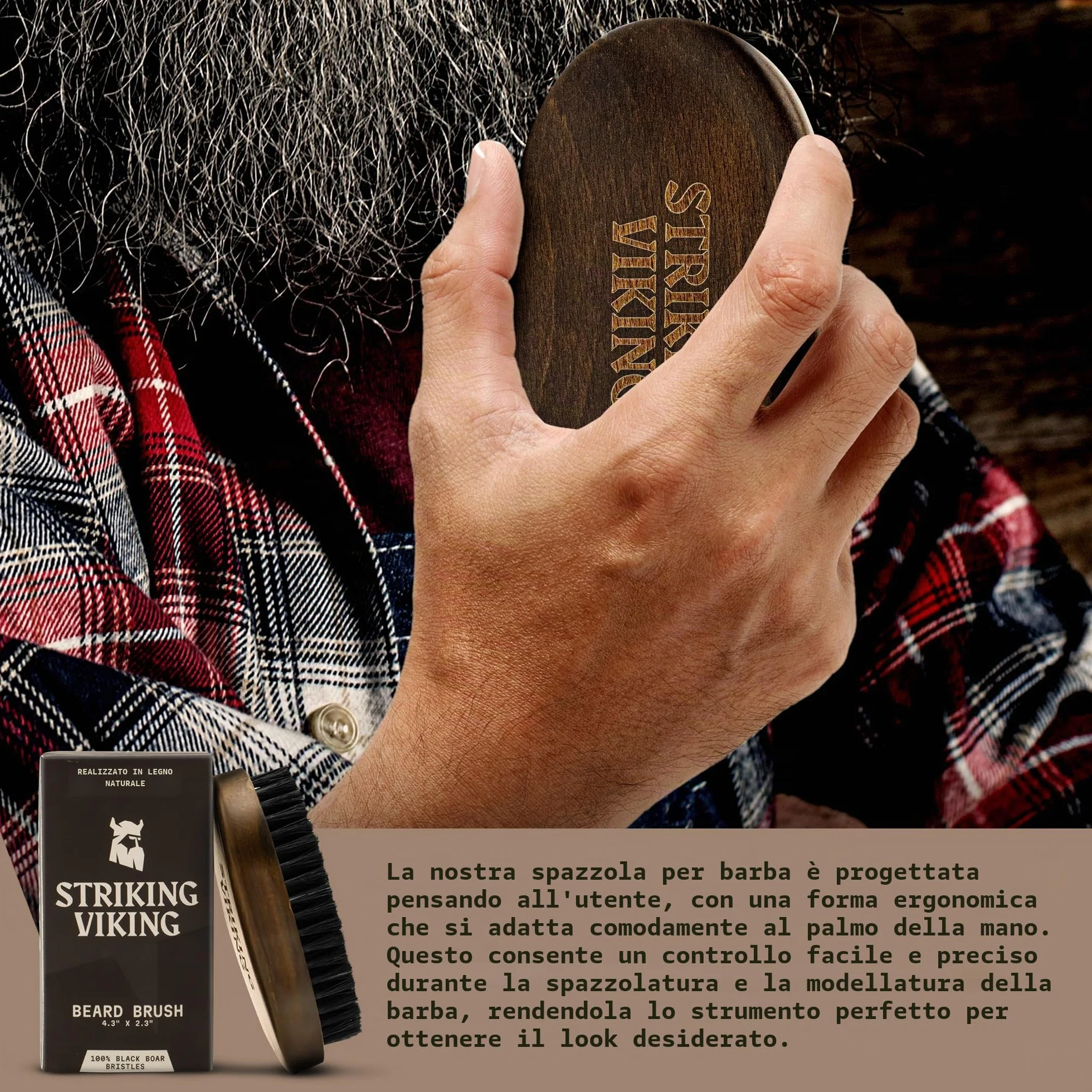Striking Vikings Spazzola da barba in setola di cinghiale per uomo - Spazzola da barba dal design ergonomico da 4,2" in legno di spiaggia di origine naturale