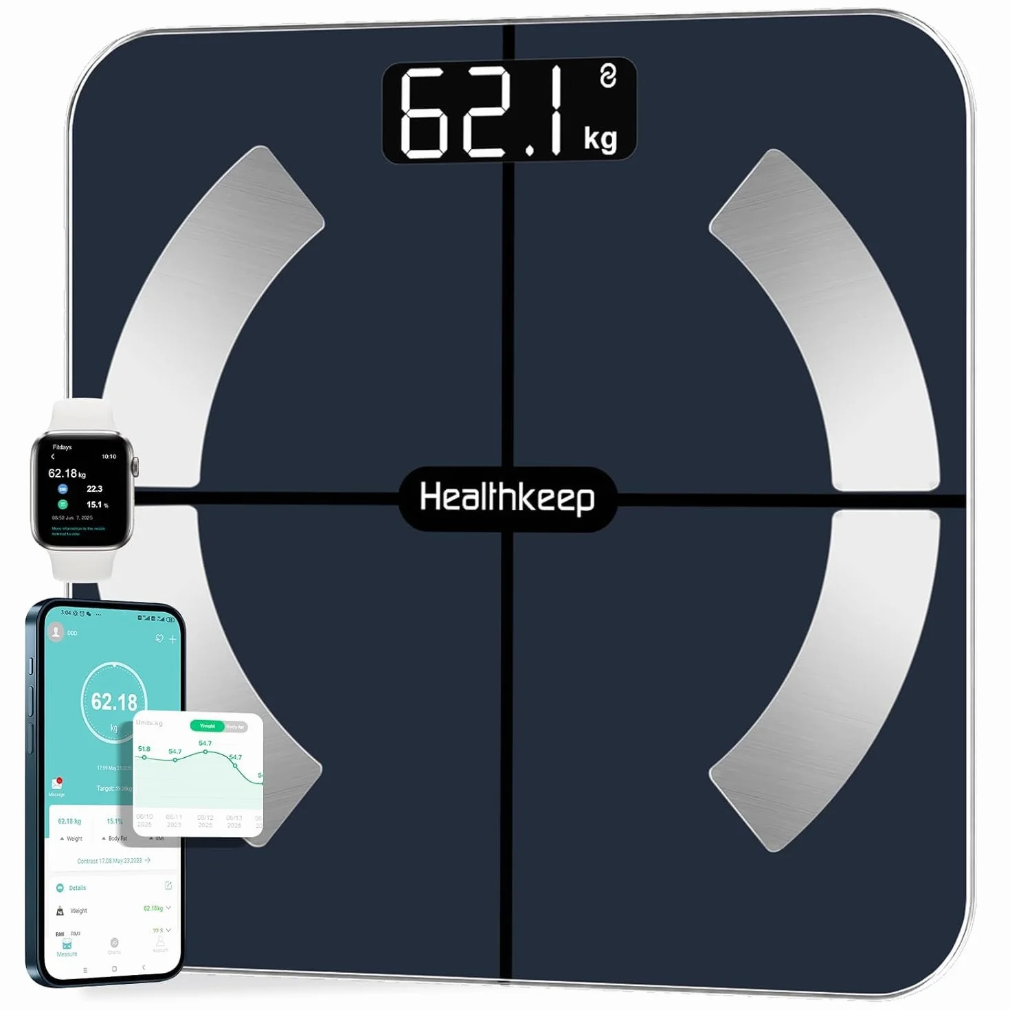 Bilancia Intelligente Impedenziometrica Bluetooth con App, Smart per Grasso Corporeo, BMI, Peso, Massa Muscolare, Acqua Corporea, Proteine, Metabolismo Basale (BMR) - Nero