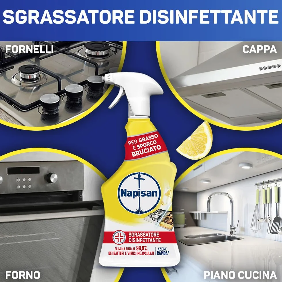 Napisan Spray Sgrassatore Disinfettante al Limone, Confezione da 12 x 740 ml