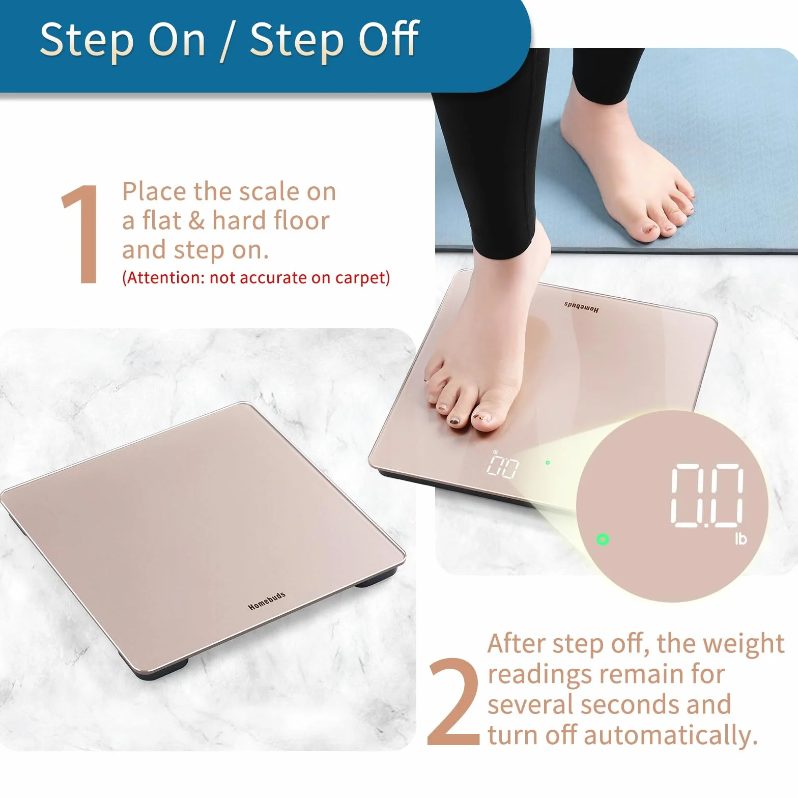 Bilancia Pesapersone Homebuds, 182kg Precisione 0,05kg LED Bianco, 3xAAA Incluse, Oro Rosa