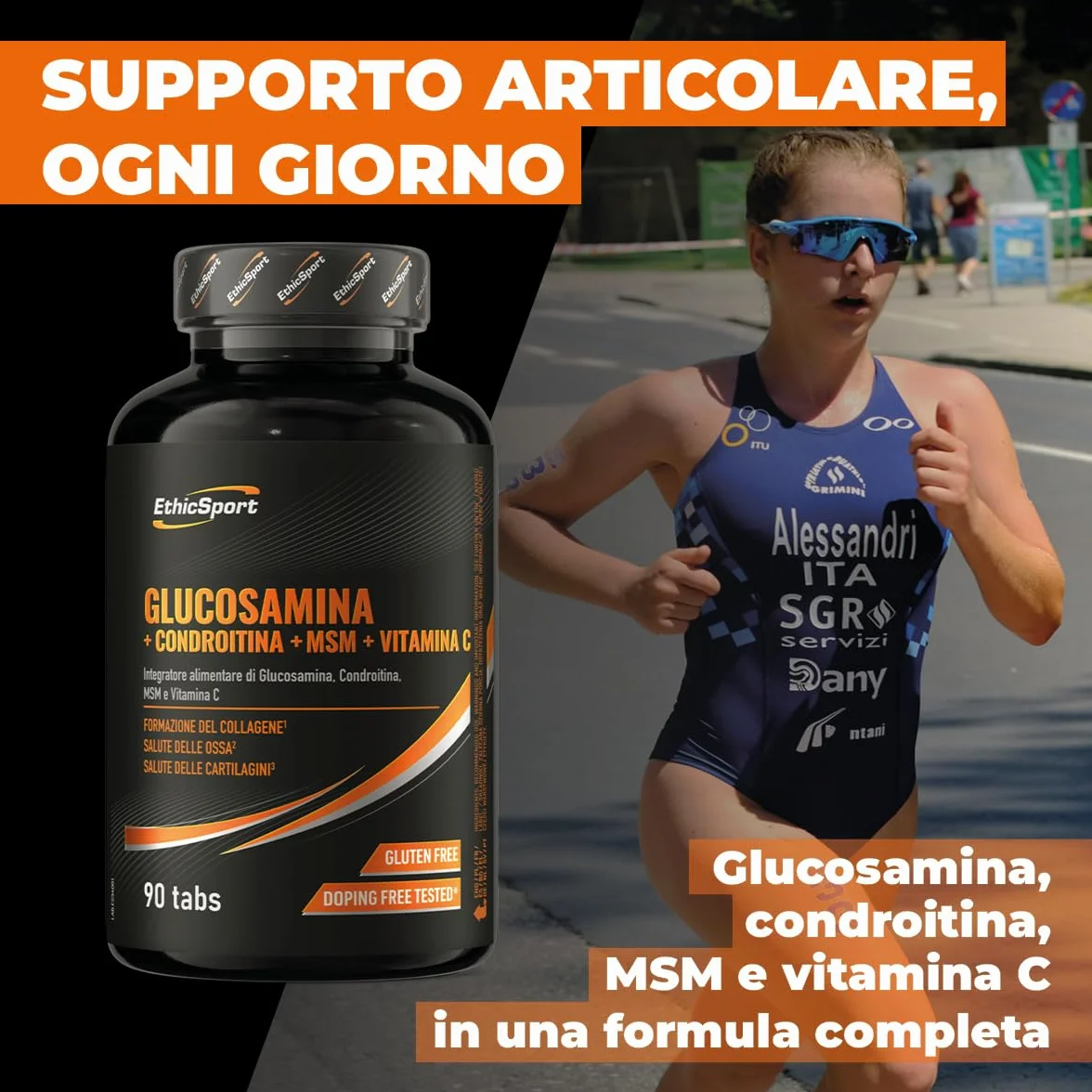 Glucosamina + Condroitina + MSM EthicSport – Integratore articolazioni con Vitamina C 100% NRV per collagene, cartilagini e ossa – 90 compresse – Gluten free, doping free tested*