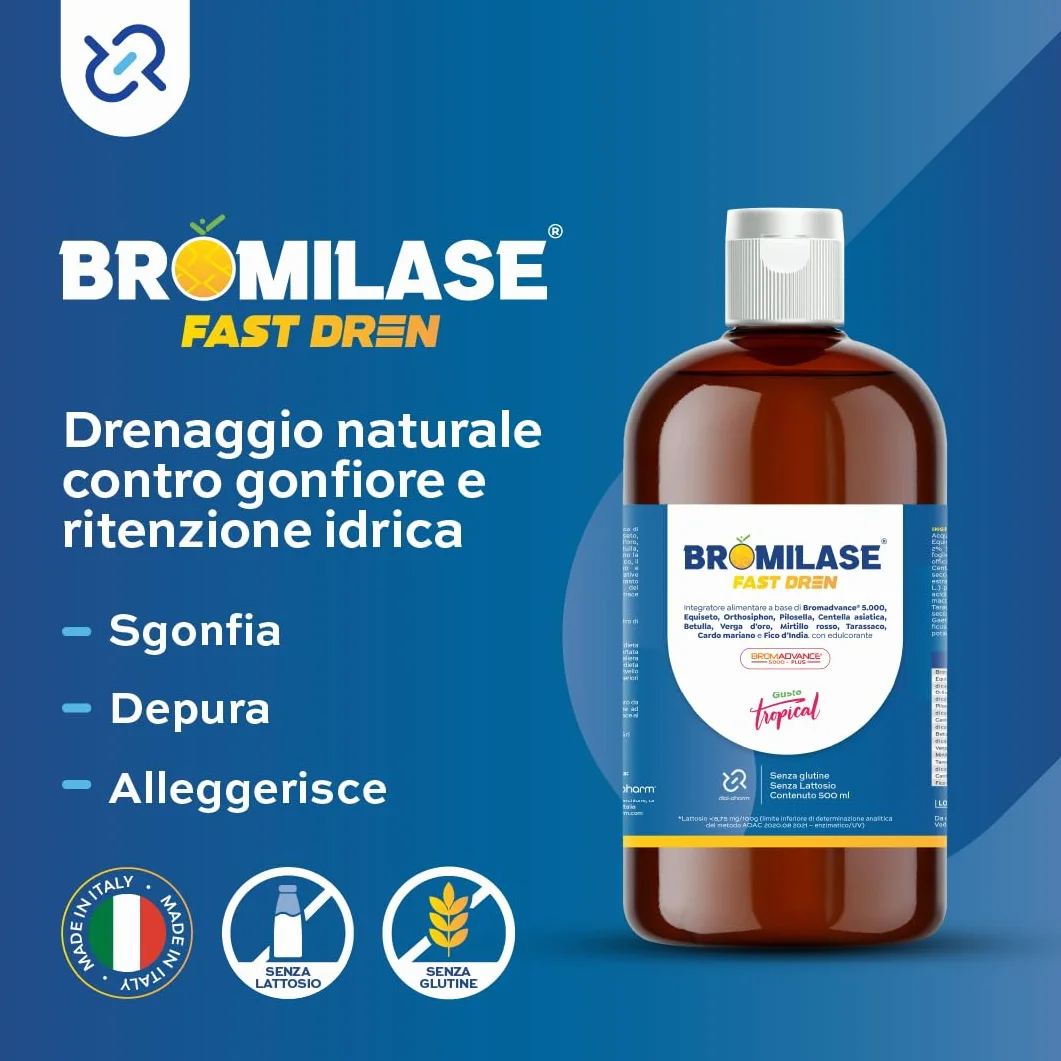 Bromadvance 5000 Fast Dren Integratore Bromelina Liquido 500 ml Drenante Detox Senza Glutine Lattosio Gusto Tropical