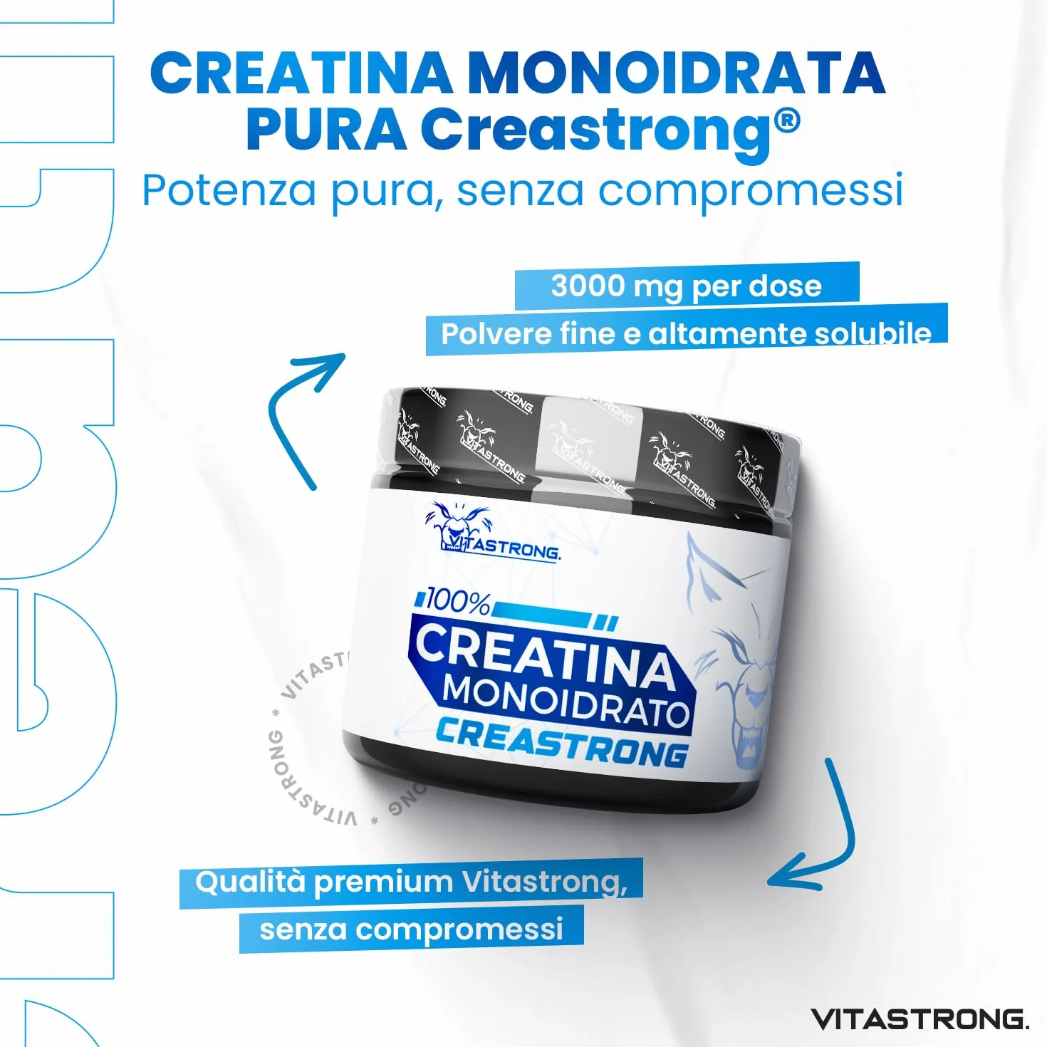 Creatina Monoidrata 3000mg CreaStrong Vegan Pura, Creatina in Polvere Senza Additivi 250g