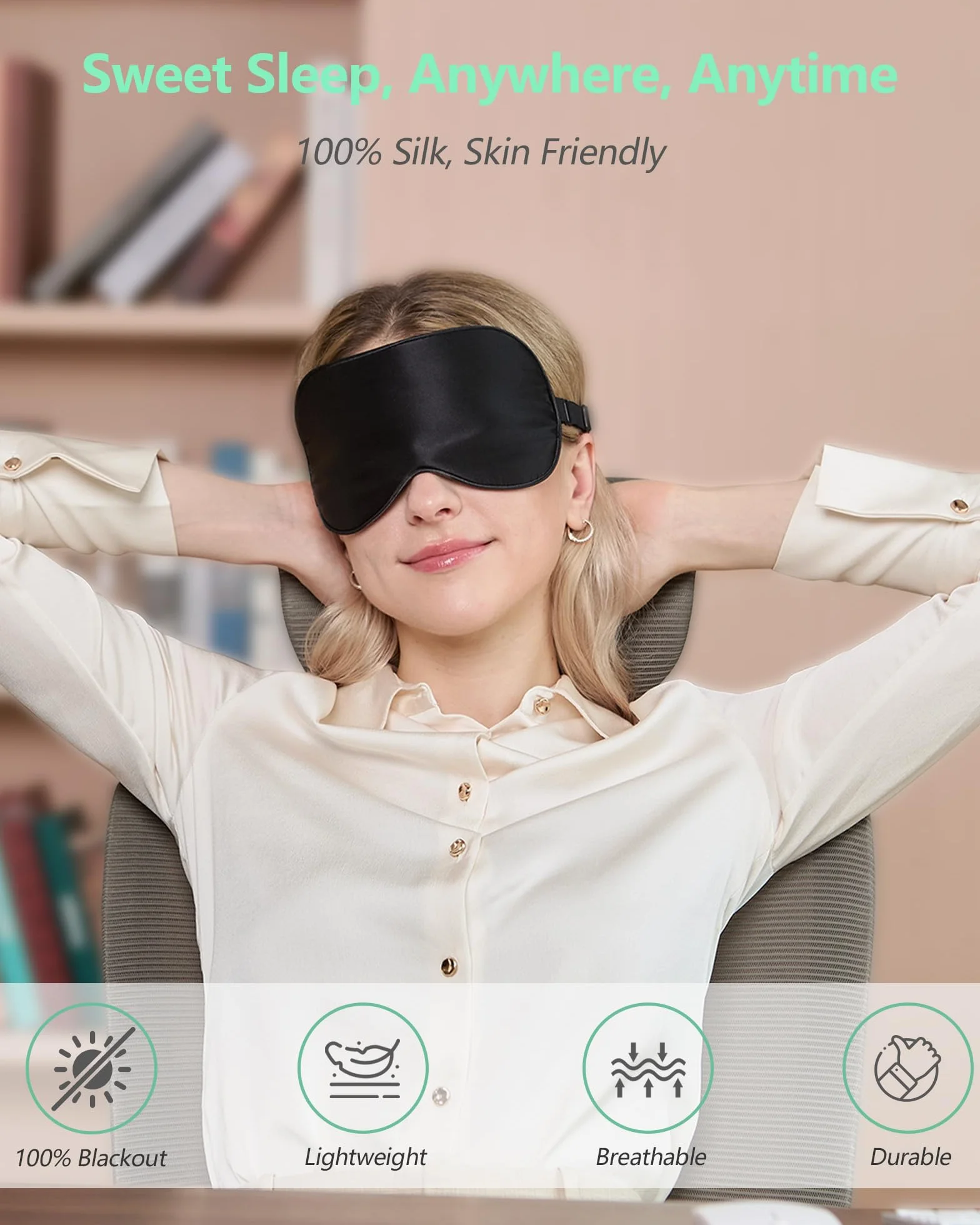 Maschera per dormire in seta naturale 100% con cinturino regolabile, confezione da 2, BeeVines (blu pavone)