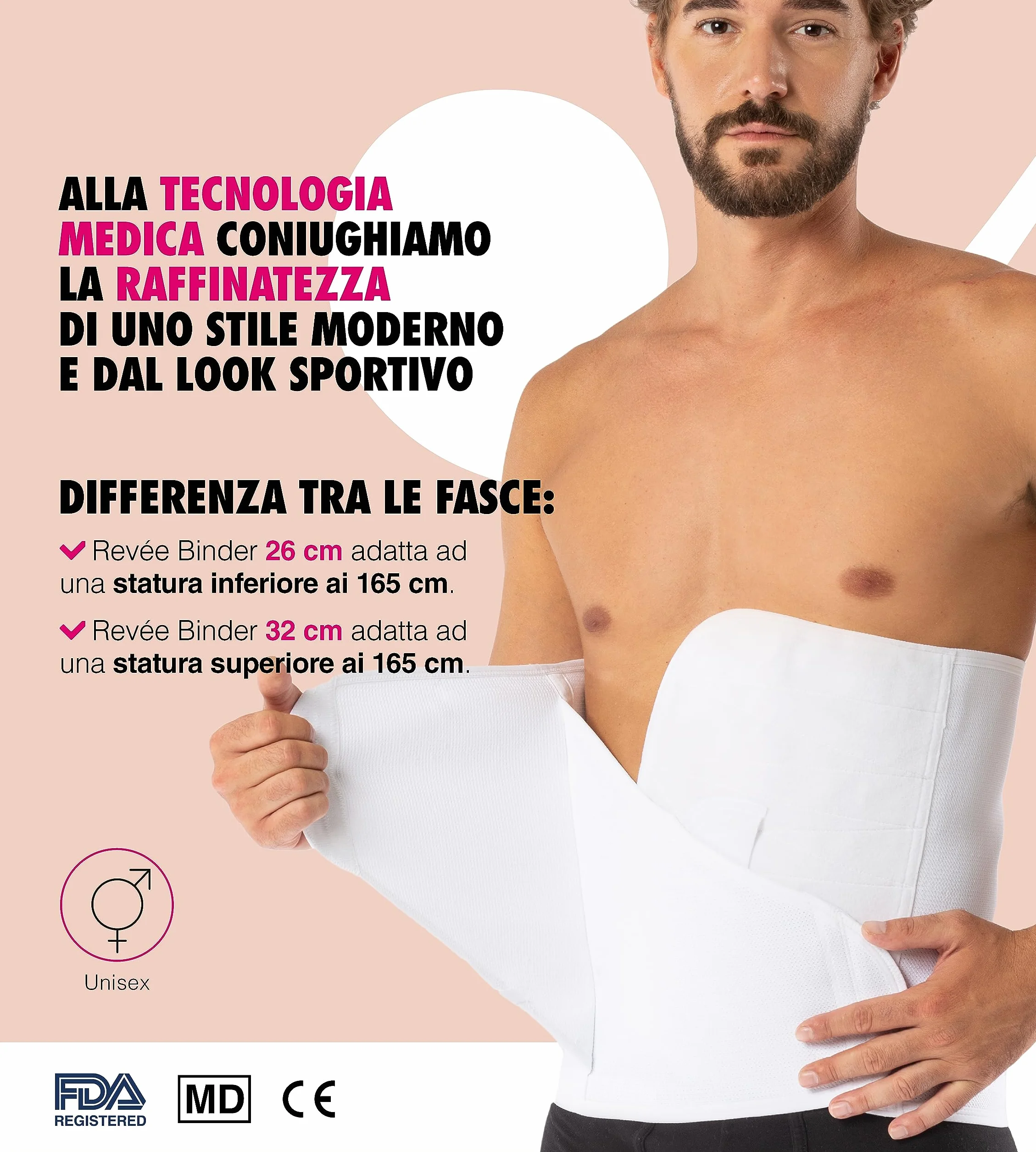 REVÉE Fascia Addominale Post-Operatoria h26 cm - Binder per Terapia Post-Addominoplastica, Lipoaspirazione, Ernia Addominale, Ernia Ombelicale, Parto Cesareo, Fascia Compressiva Unisex (Bianco, XXL)
