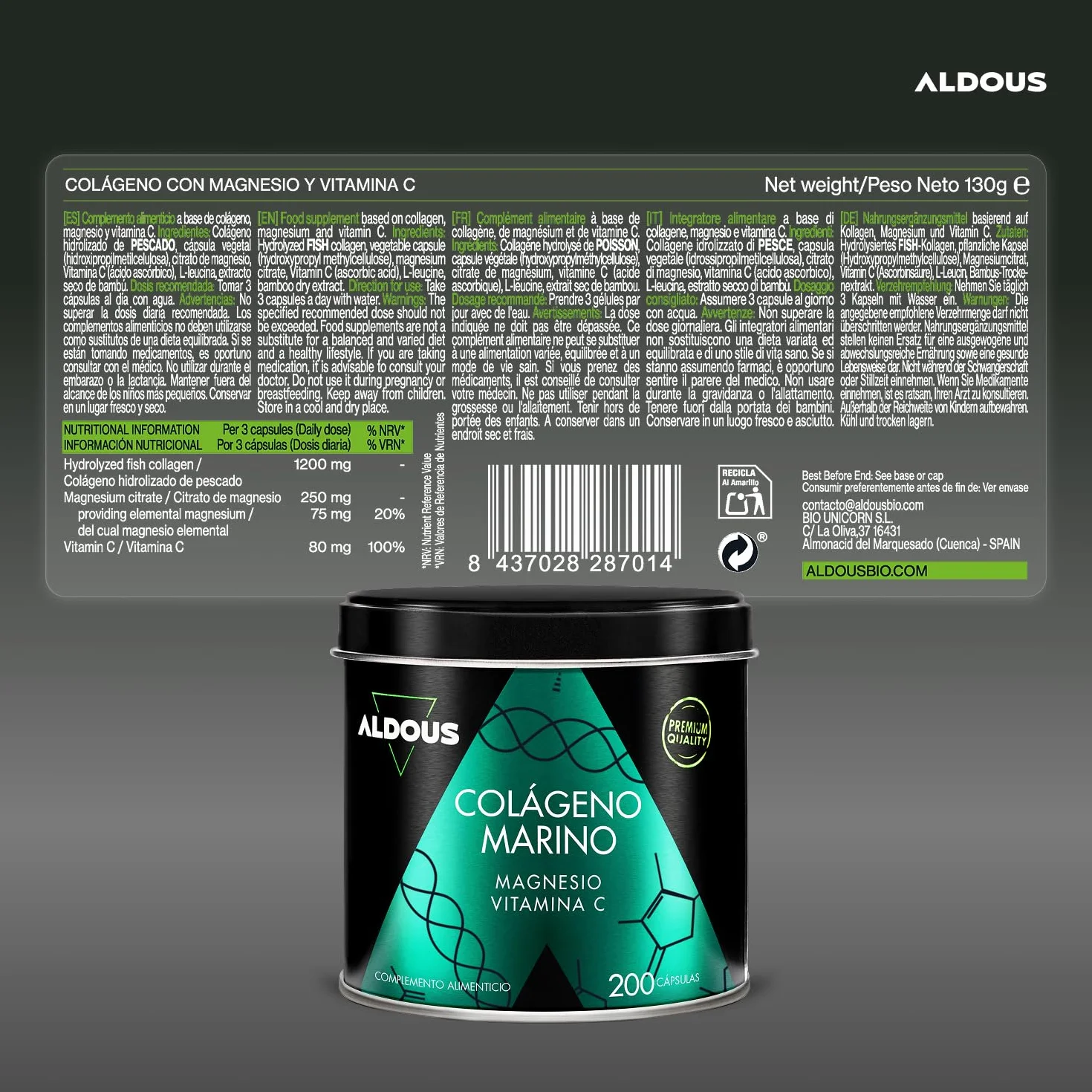 Collagene Marino con Magnesio e Vitamina C 200 Capsule Integratore Bellezza e Benessere Pelle Capelli Unghie Anti Age Ossa Articolazioni Marine Collagen Naticol ALDOUS
