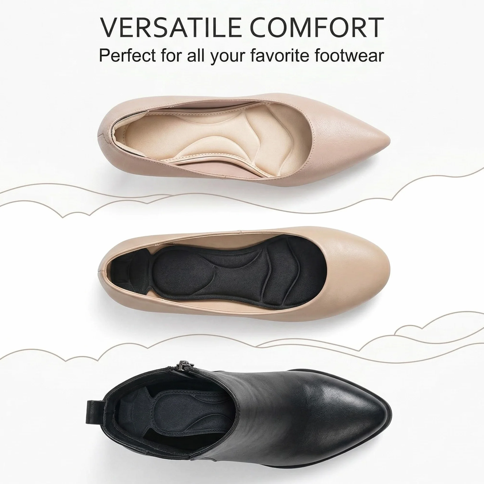 Solette per Scarpe Grandi Riduttore Numero Memory Foam 2-in-1 con Salva Tallone, 2 Modelli Punta Tonda e Appuntita, Nero e Carne