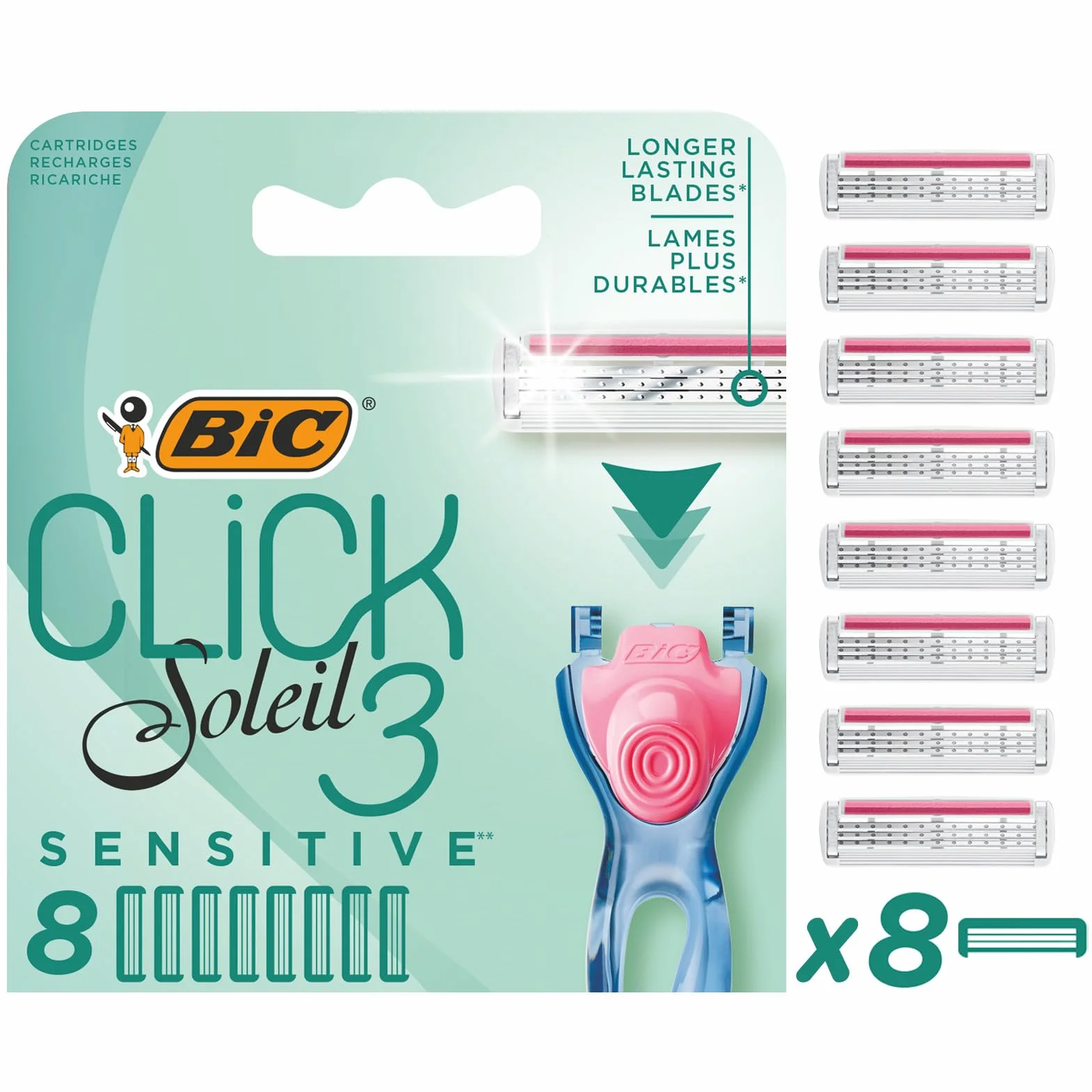 BIC Lame per rasoio da donna Click 3 Soleil Sensitive, confezione da 8 ricariche per rasoio bagnato curativo con 3 lame