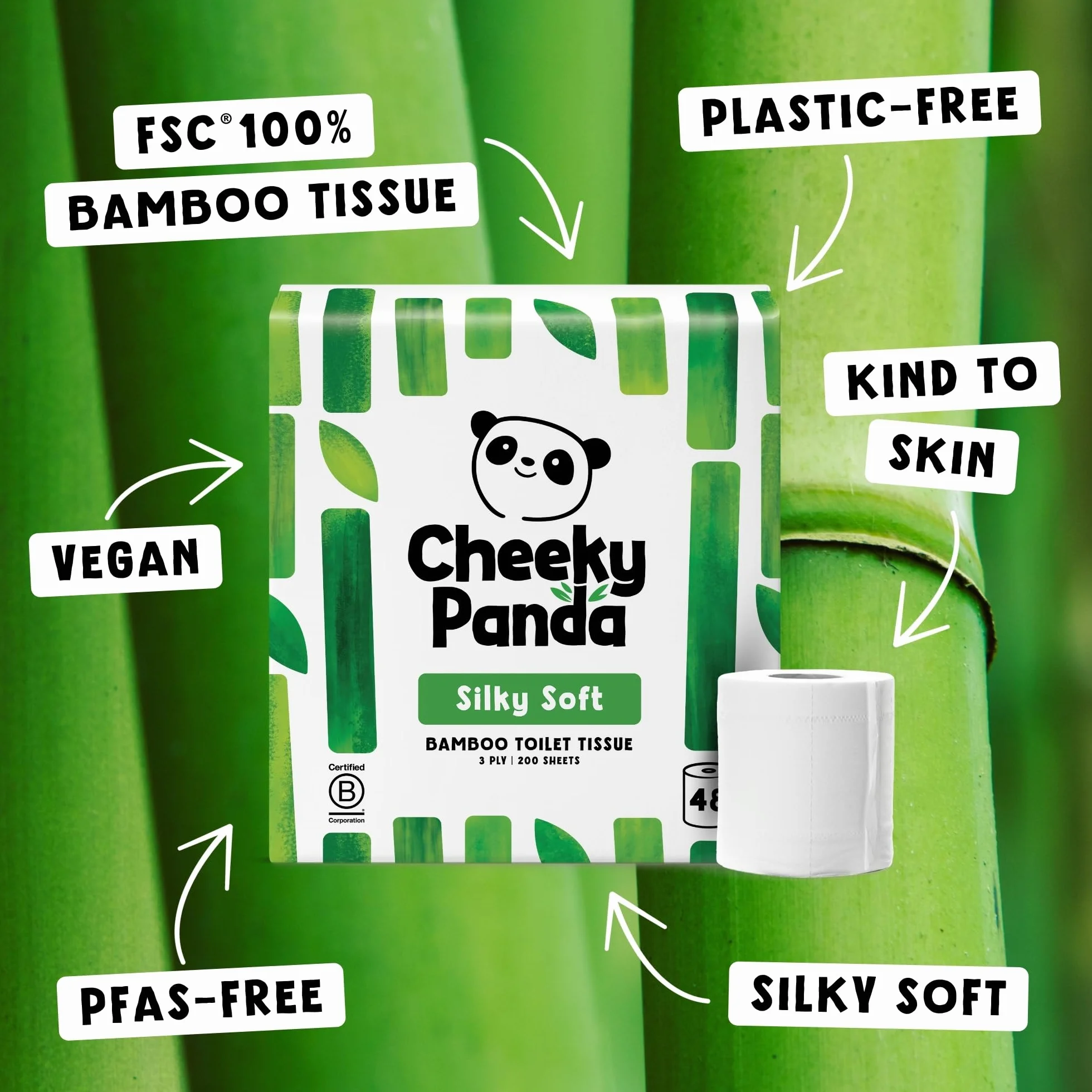 The Cheeky Panda Carta Igienica Bamboo 48 Rotoli 3 Veli 200 Fogli Biodegradabile