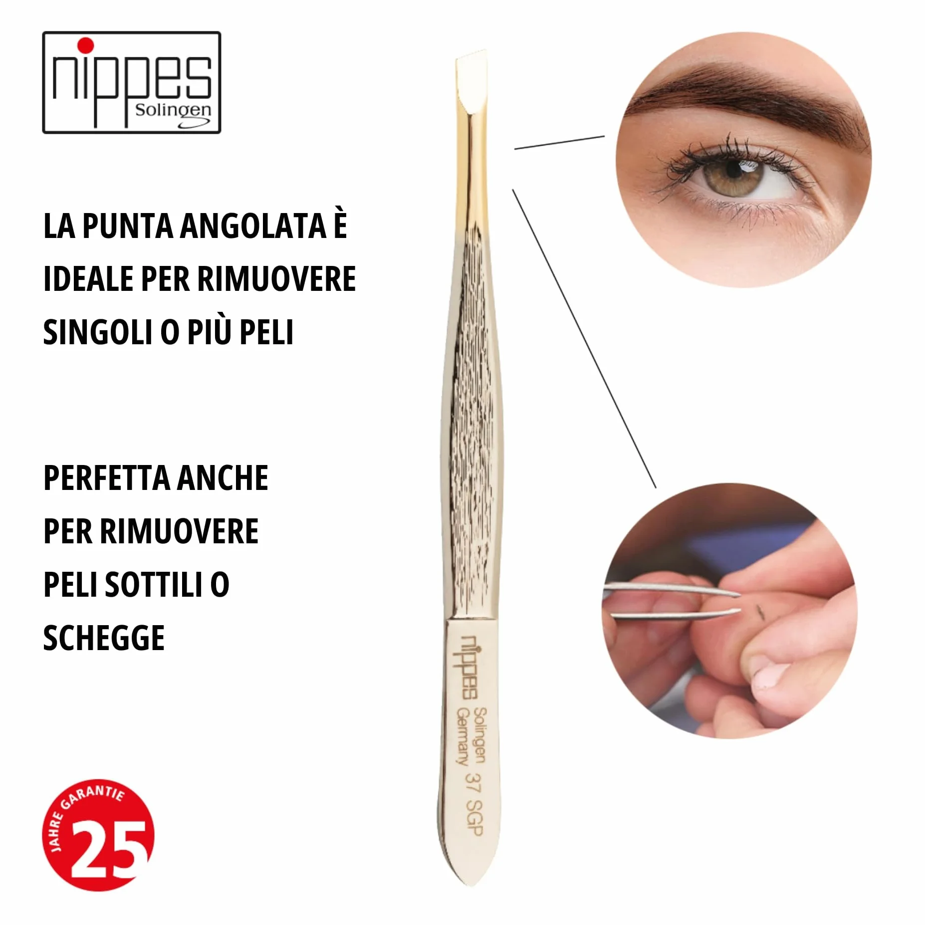 nippes Solingen, Pinzetta 37SGP per rimuovere peli fini, in acciaio nichelato 9 cm, punta dorata, 1 pezzo