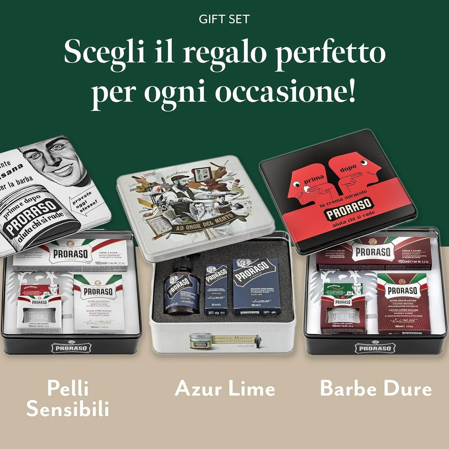 Proraso Set Vintage Selection Pelli Sensibili, Set regalo uomo Crema Pre Barba 100 ml, Sapone Barba 150 ml, Balsamo Dopobarba 100 ml, Made in Italy