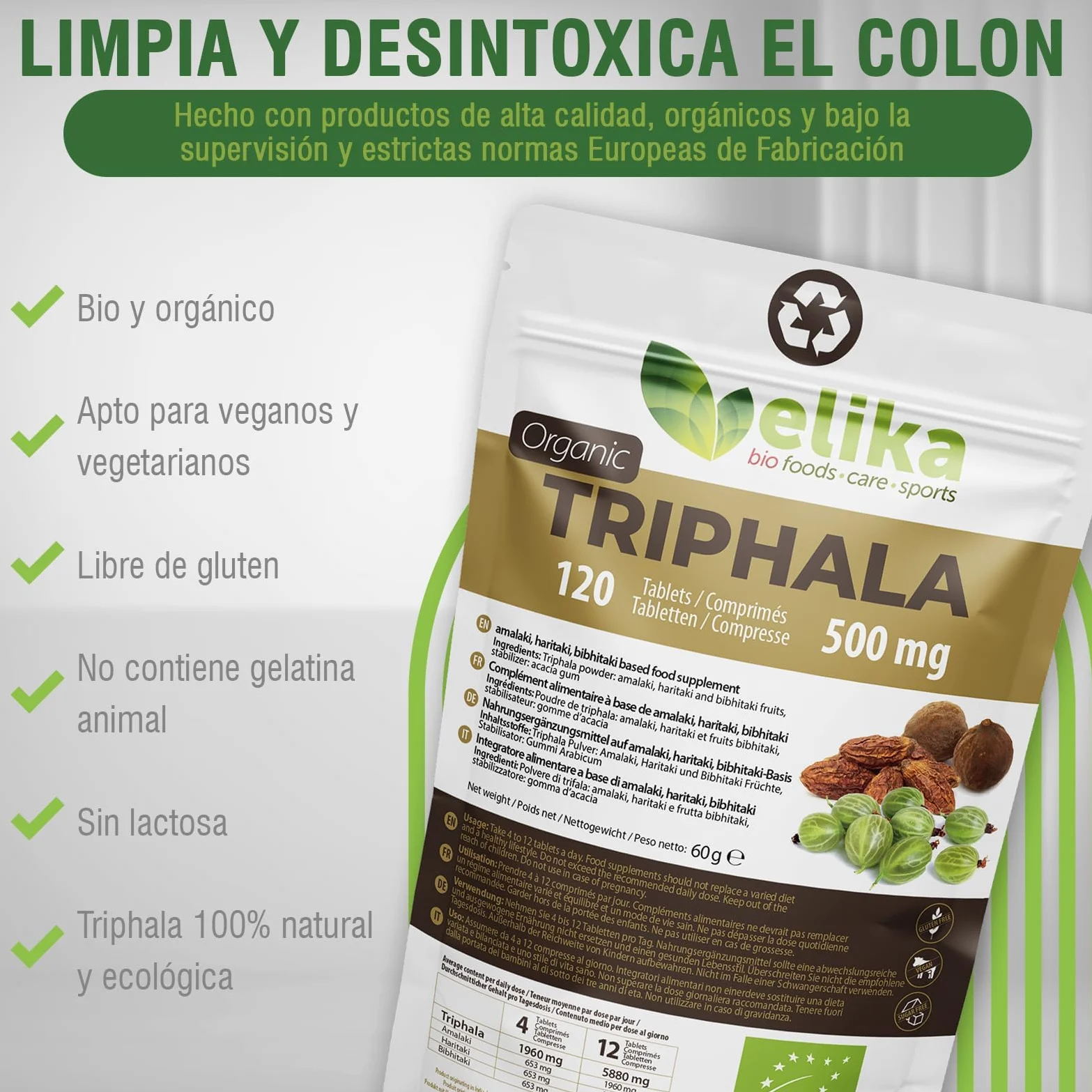 Triphala BIOLOGICO di Elikafoods®. Depurativo e disintossicante naturale. Integratore naturale per la pulizia del colon. Compresse naturali per la stitichezza intestinale - 120 compresse da 500 mg.