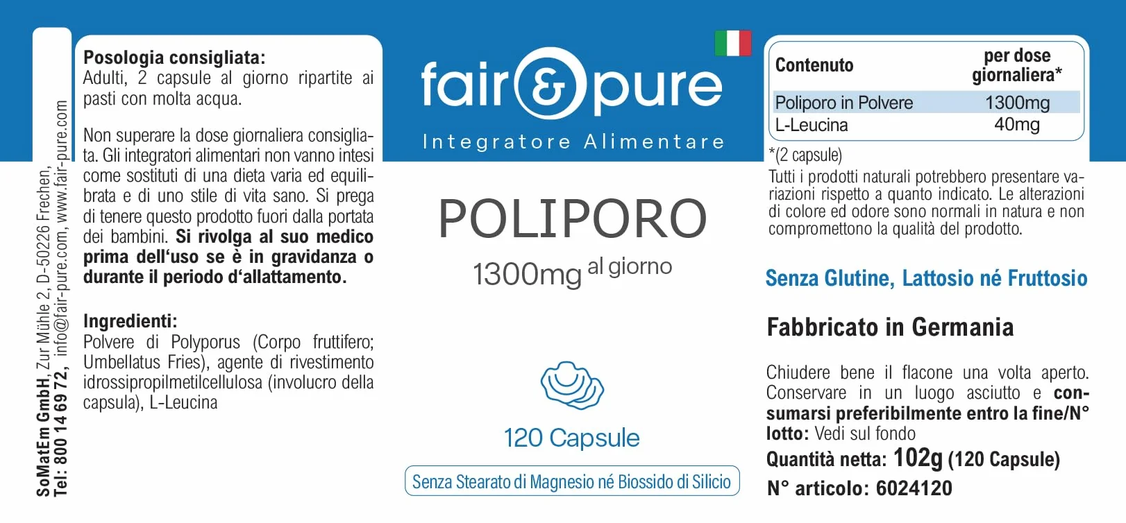 Fair & Pure® - Polyporus umbellatus - Polyporus 1300mg - Vegan - Polvere in capsule - 120 Capsule