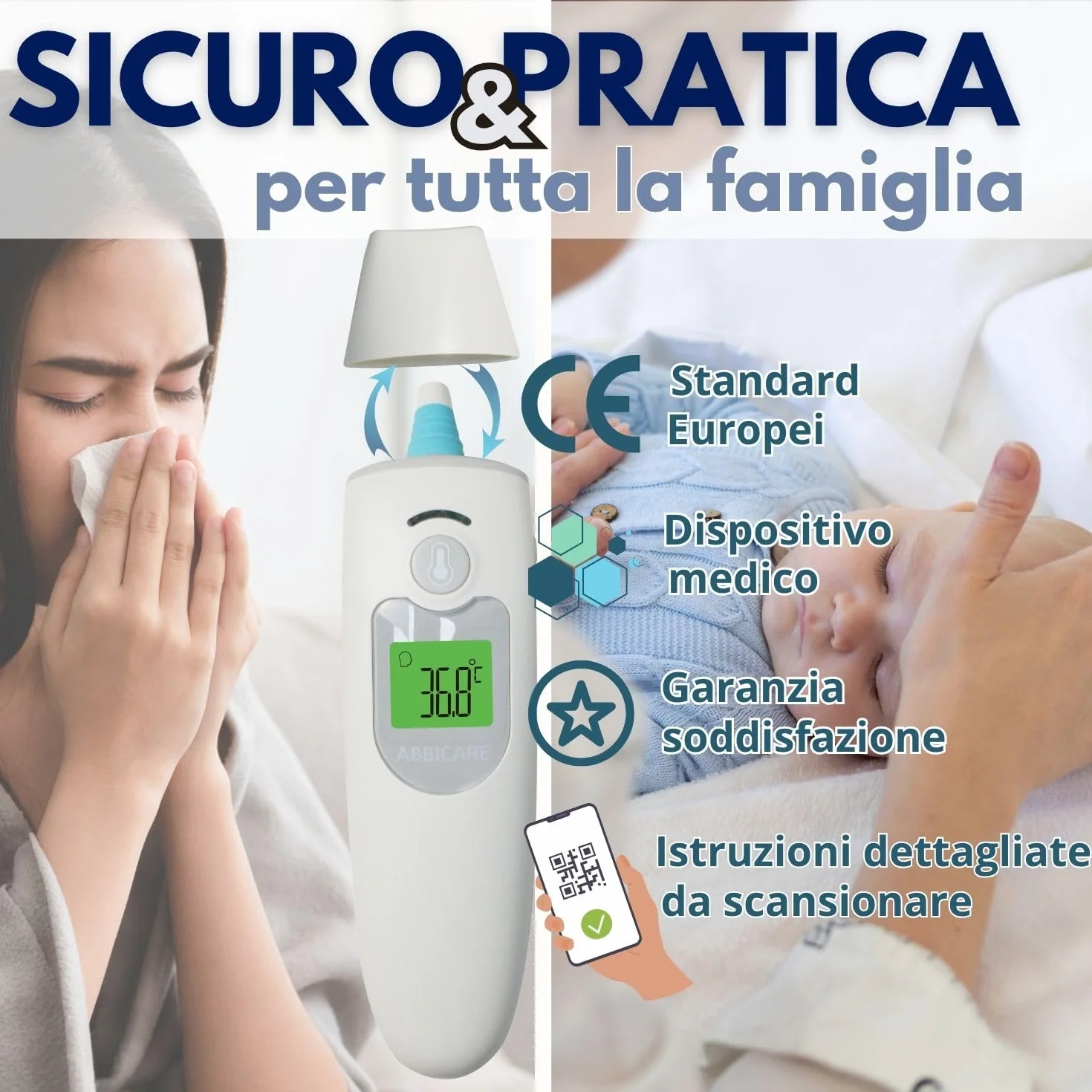 Termometro febbre digitale frontale e auricolare ABBICARE™ infrarossi neonato 1 secondo