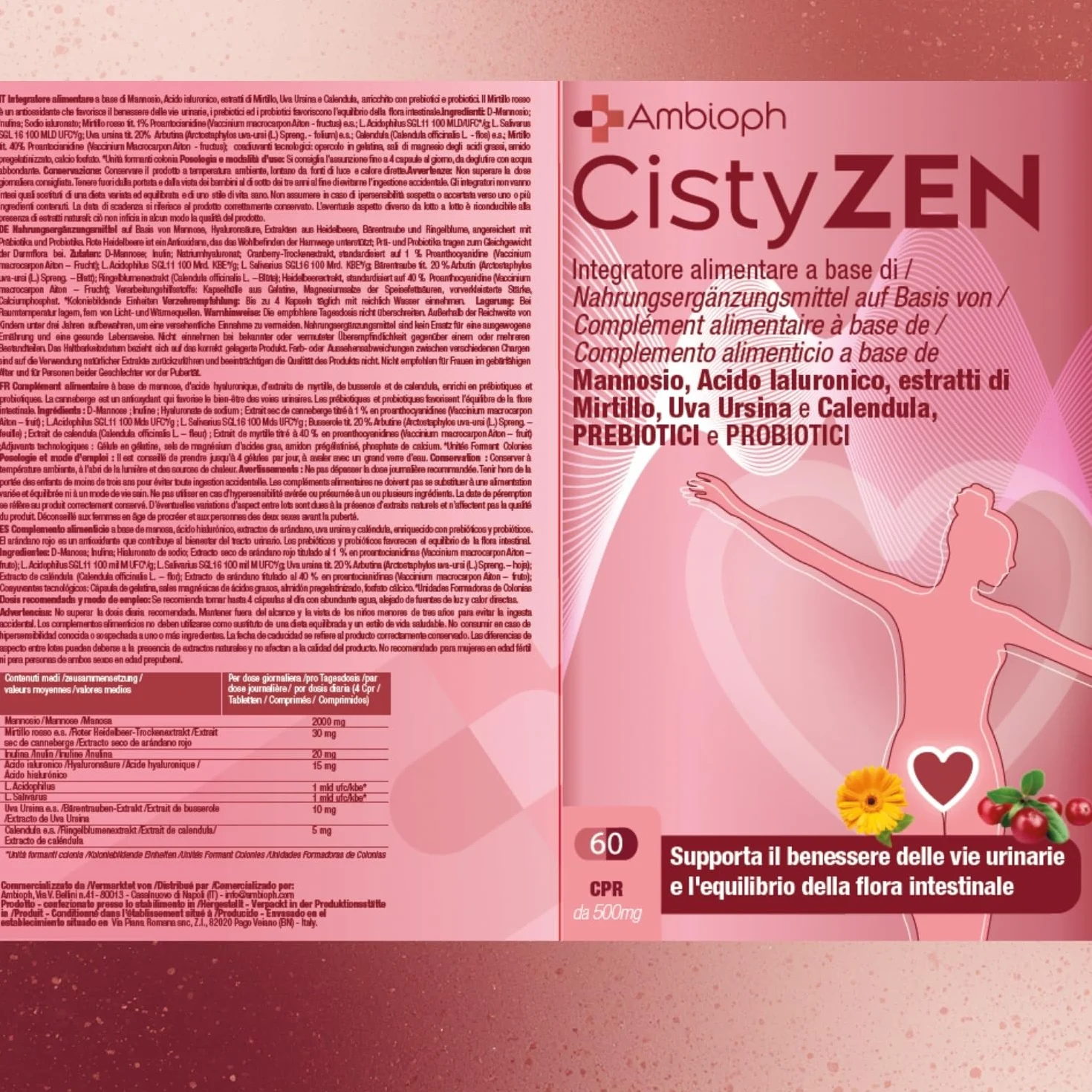 Cistyzen D-mannosio Mirtillo Rosso 60 capsule Probiotici prebiotici Integratore naturale per Cistite infezioni vie urinarie Vaginosi Batterica