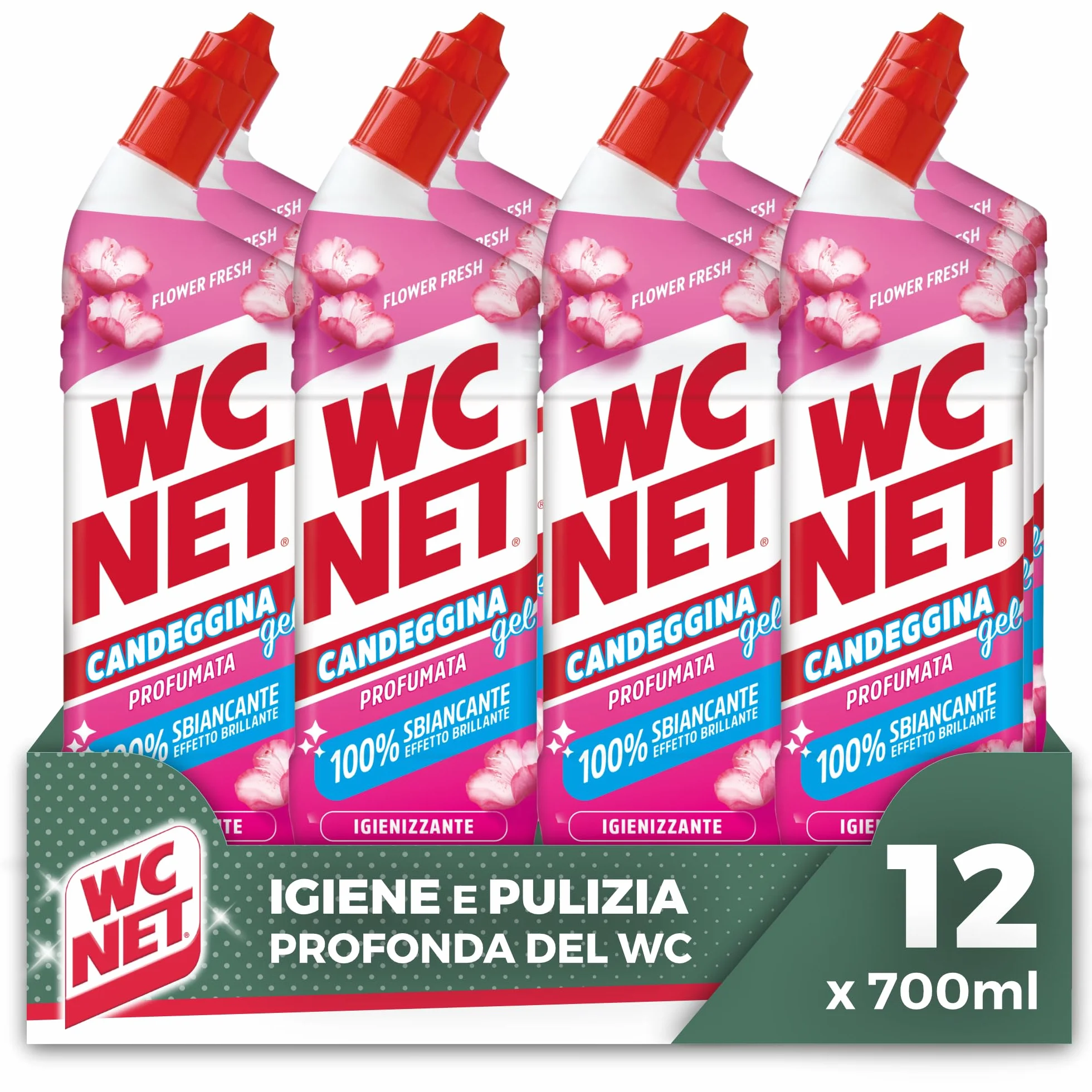 WC Net Candeggina Gel Profumata Detergente Sanitari Superfici Azione Sbiancante Igienizzante Flower Fresh 700 ml x 12
