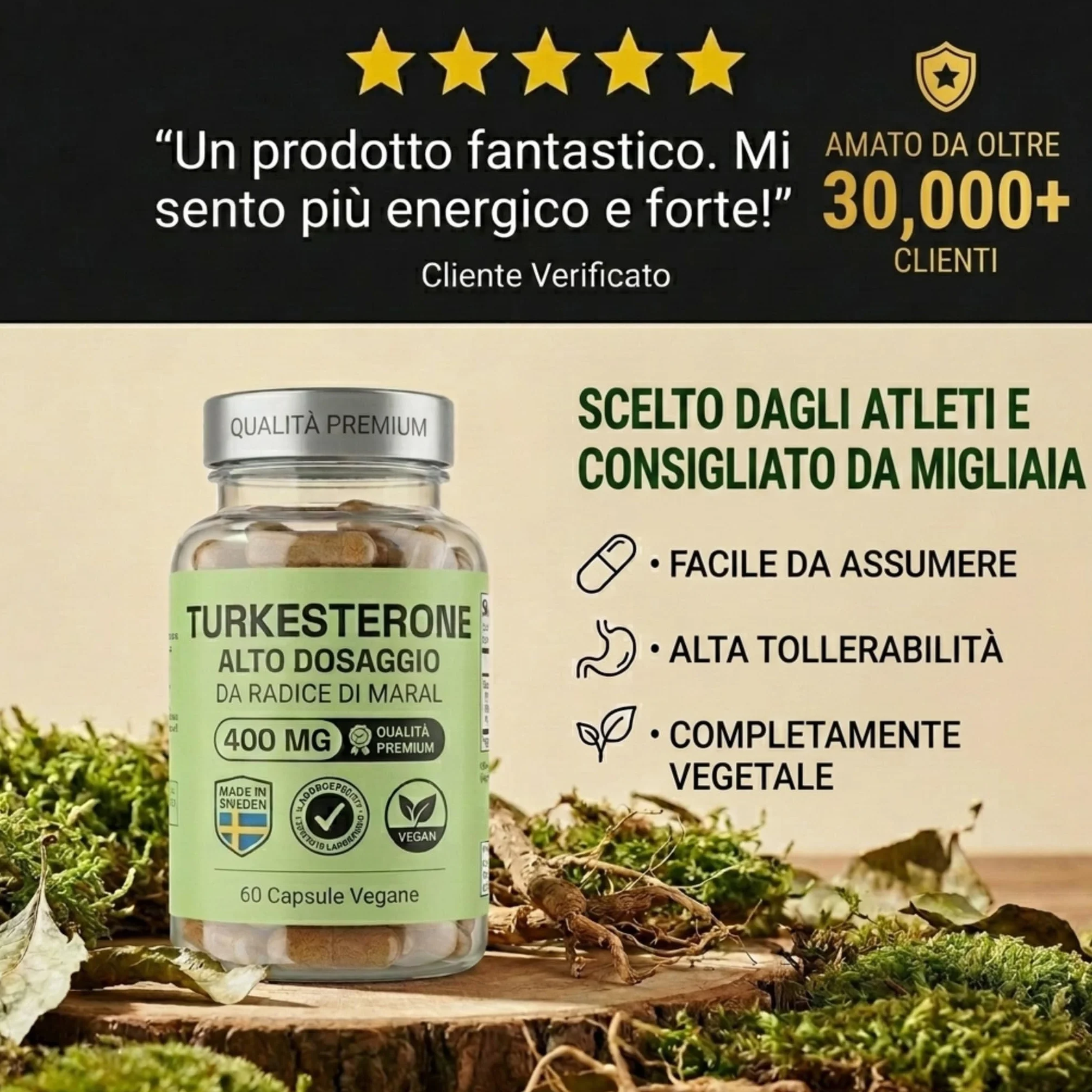 NOOP Turkesterone 400 mg Integratore Testosterone Uomo Booster Massa Muscolare Forza Radice di Maral Vegano 60 Capsule