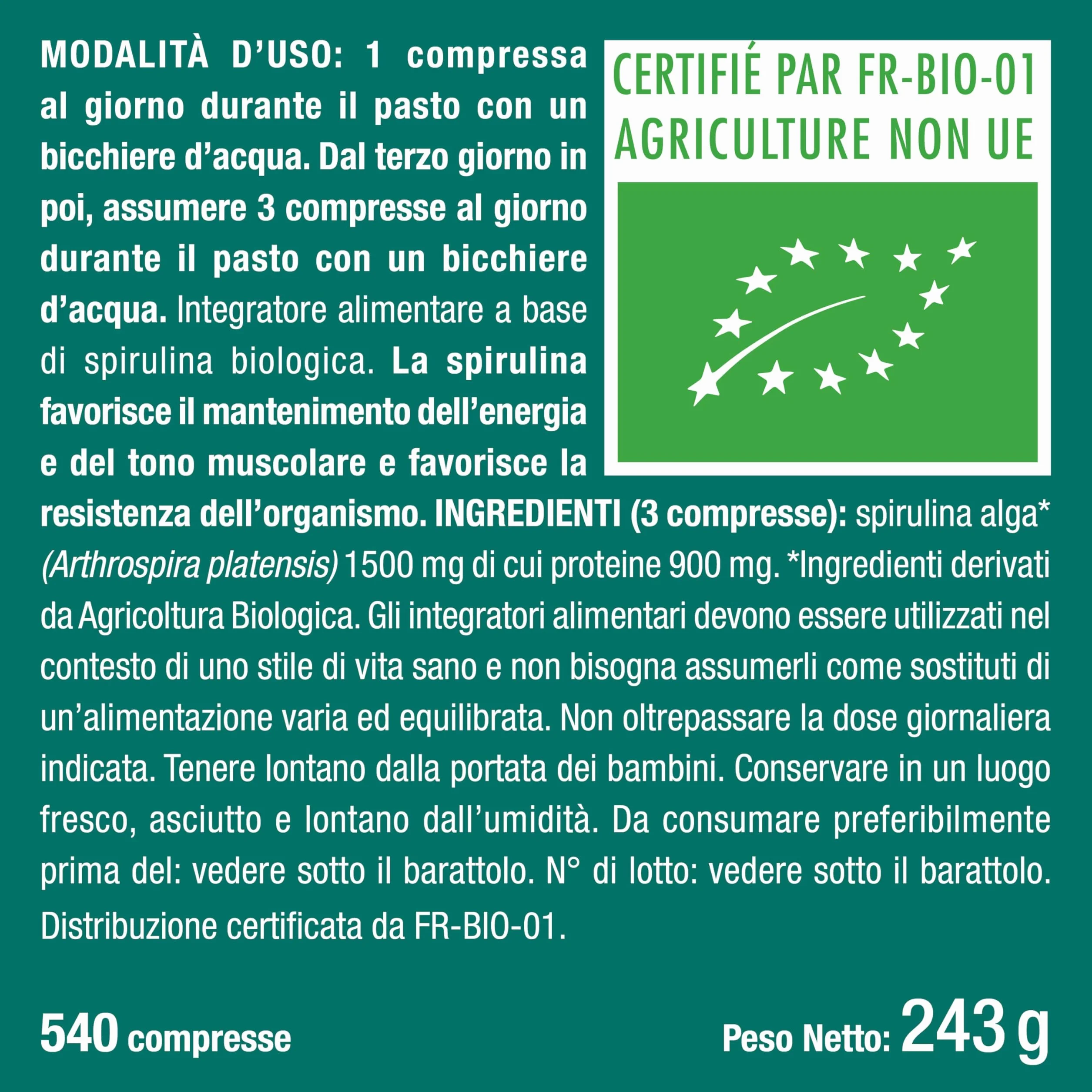 Spirulina Biologica Pura 540 Compresse 1500 mg Nutrimea