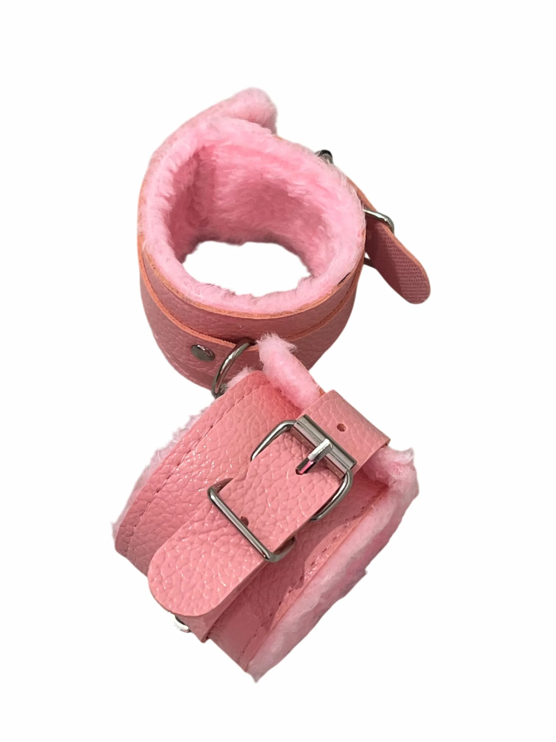 Manette in Pelle con Peluche Rosa e Moschettone - Polsiere in Ecopelle - Manette Pelose Finte Giocattolo